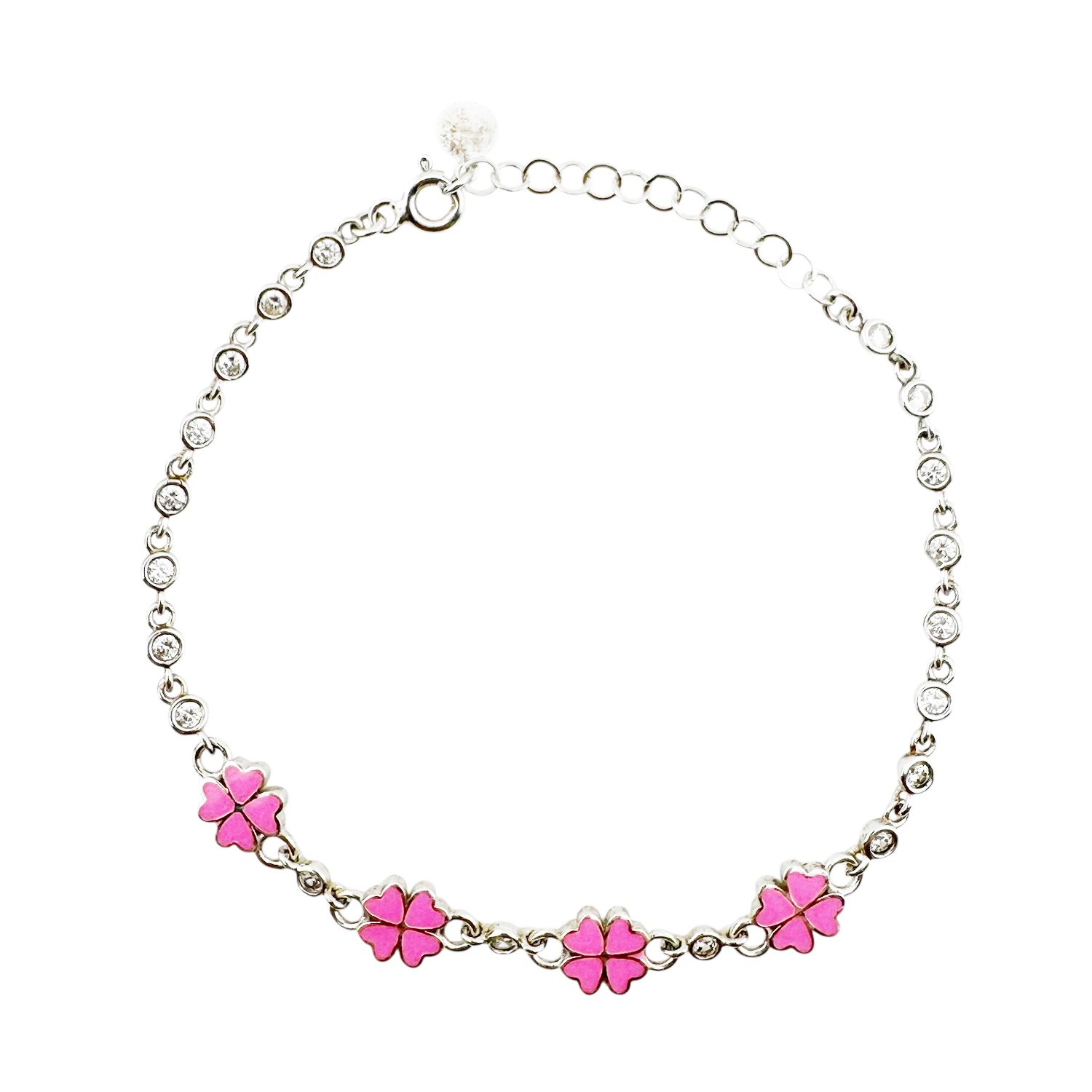 Bratara pentru Copii, Jolie, Argint 925, Model Trifoi, cu Email si Zirconiu, 22 cm/4.4g Argintiu/Roz