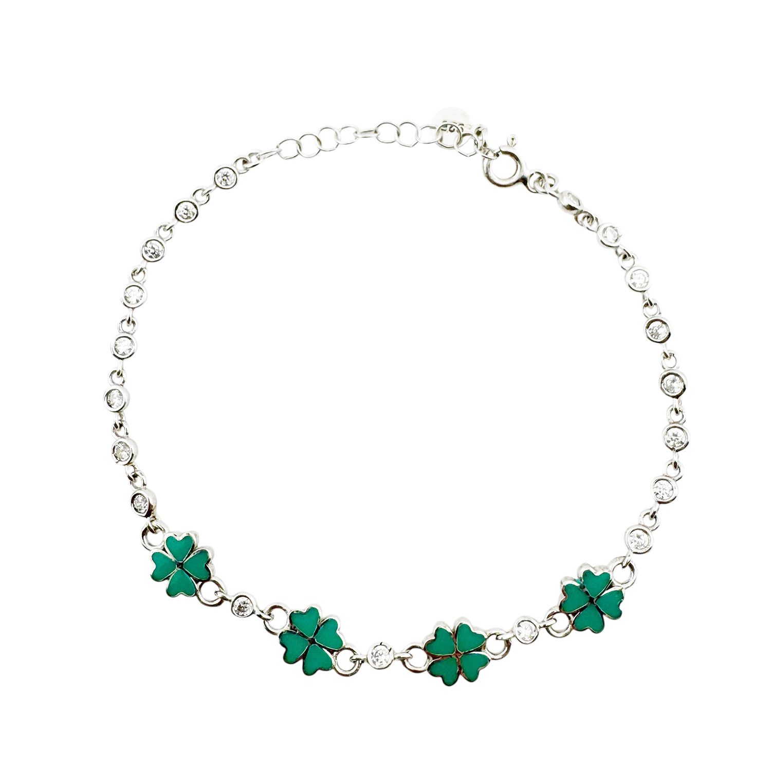 Bratara pentru Copii, Jolie, Argint 925, Model Trifoi, cu Email si Zirconiu, 22 cm/4.4g Argintiu/Verde