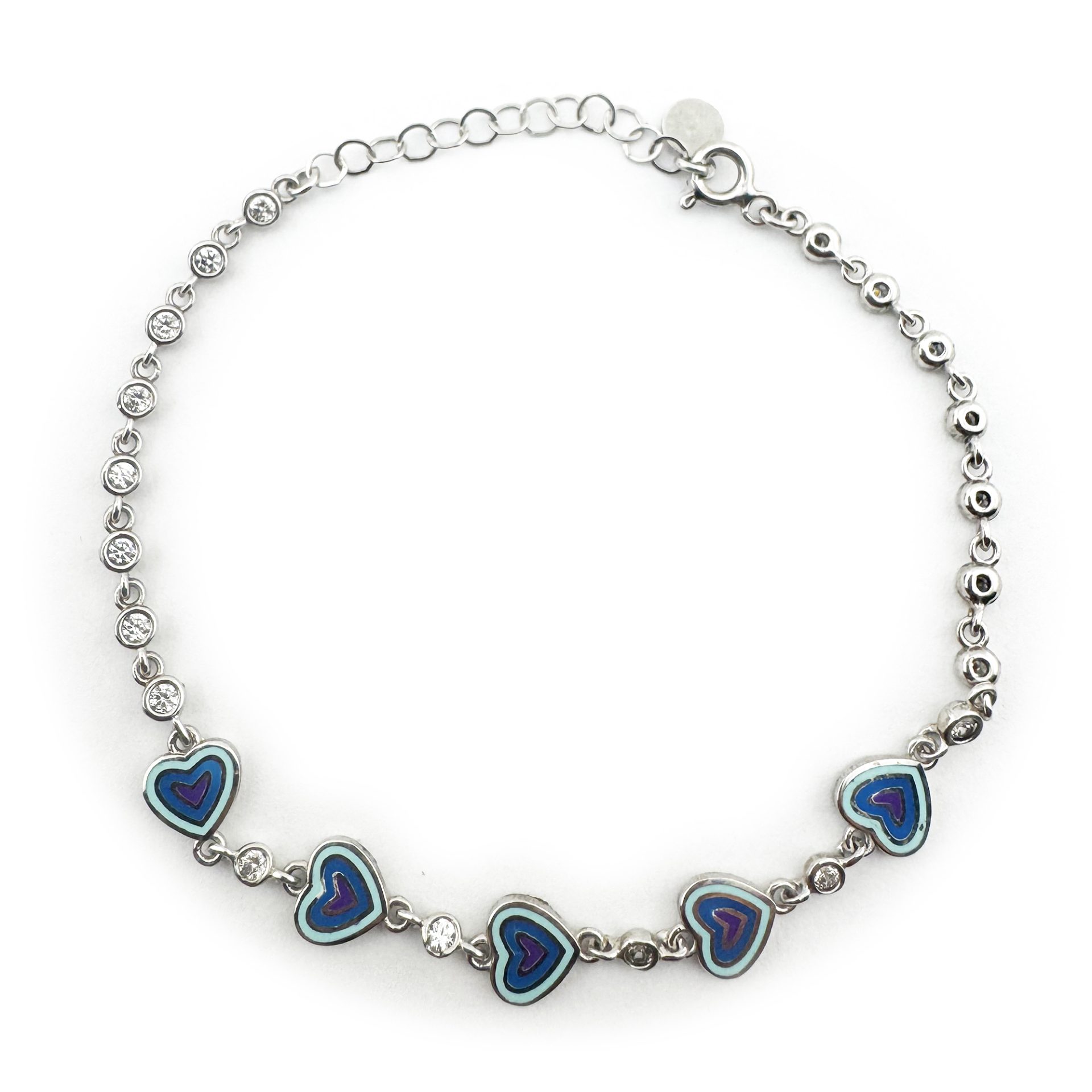 Bratara pentru Copii, Jolie, Argint 925, Model Inima, cu Email si Zirconiu, 22 cm/4.4g Argintiu/Albastru/Mov