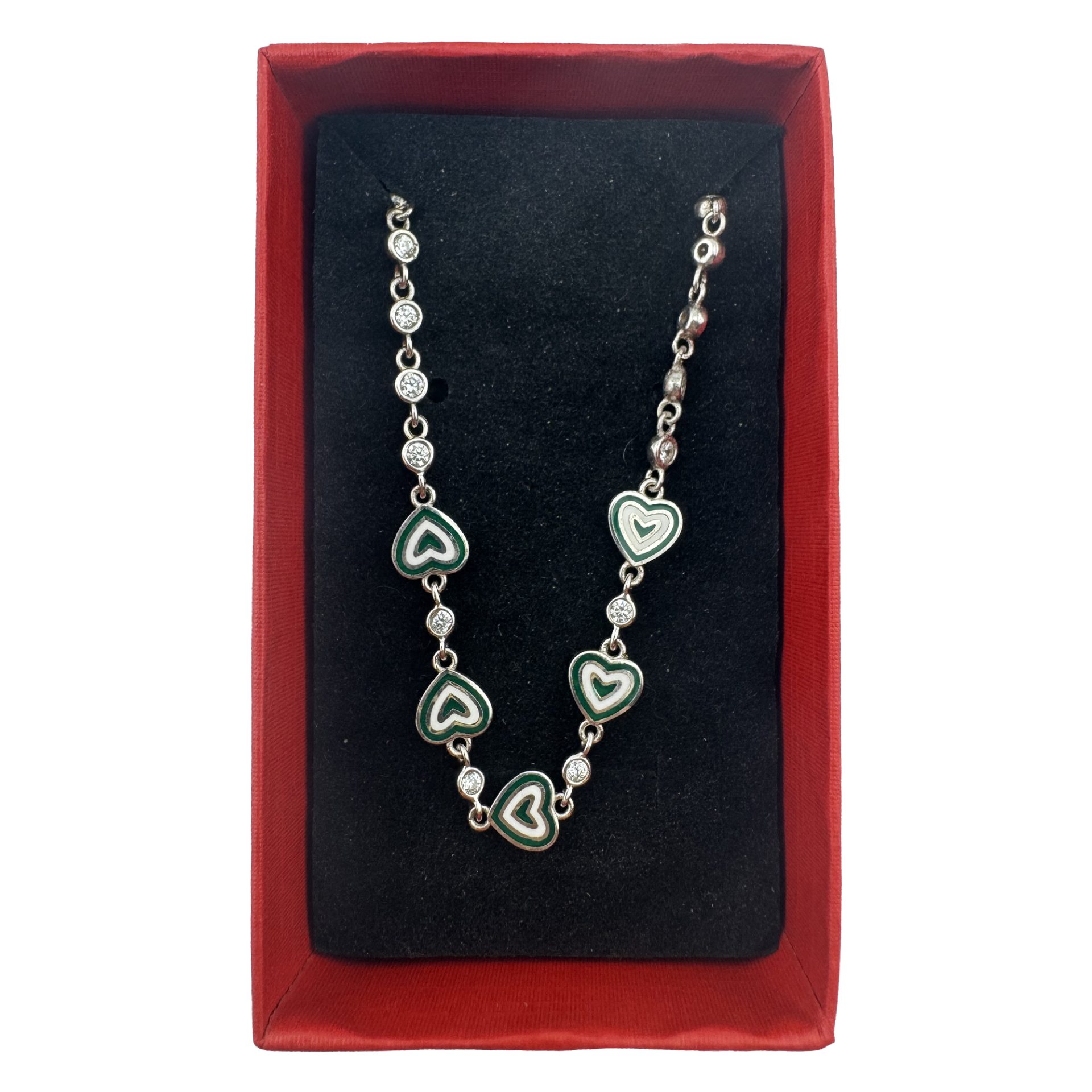 Bratara pentru Copii, Jolie, Argint 925, Model Inima, cu Email si Zirconiu, 22 cm/4.4g Argintiu/Verde inchis