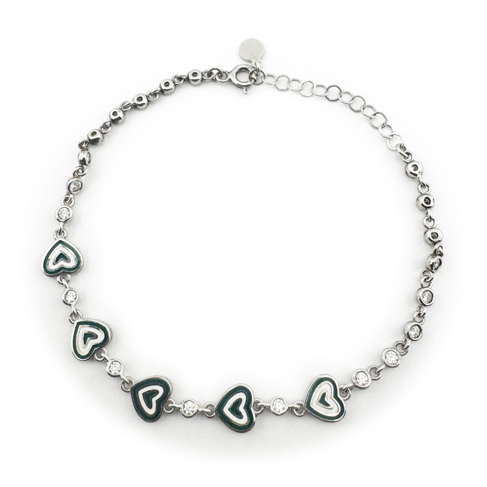Bratara pentru Copii, Jolie, Argint 925, Model Inima, cu Email si Zirconiu, 22 cm/4.4g Argintiu/Verde inchis
