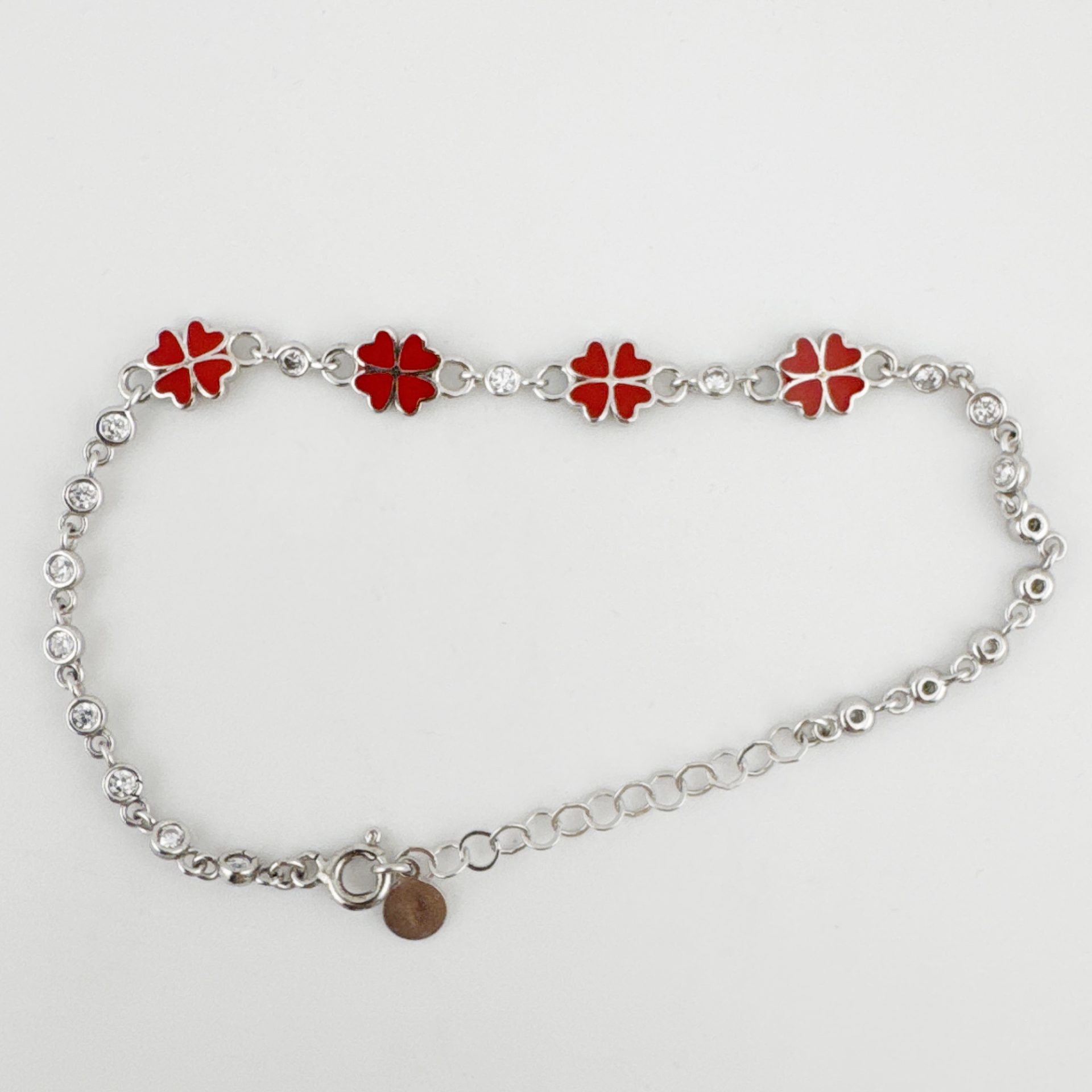 Bratara pentru Copii, Jolie, Argint 925, Model Trifoi, cu Email si Zirconiu, 22 cm/4.4g Argintiu/Rosu