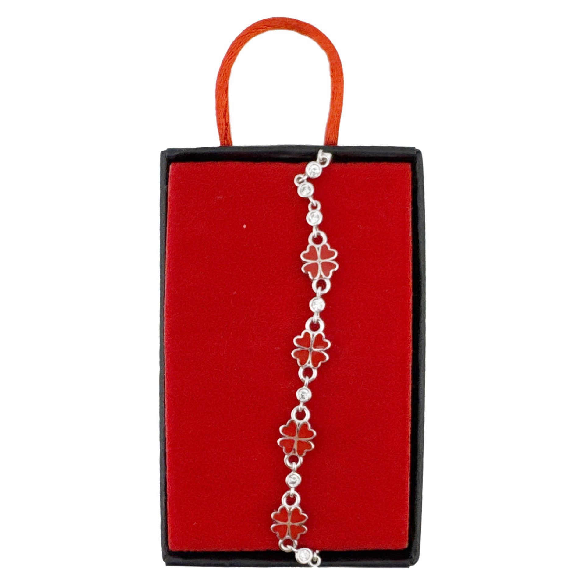 Bratara pentru Copii, Jolie, Argint 925, Model Trifoi, cu Email si Zirconiu, 22 cm/4.4g Argintiu/Rosu