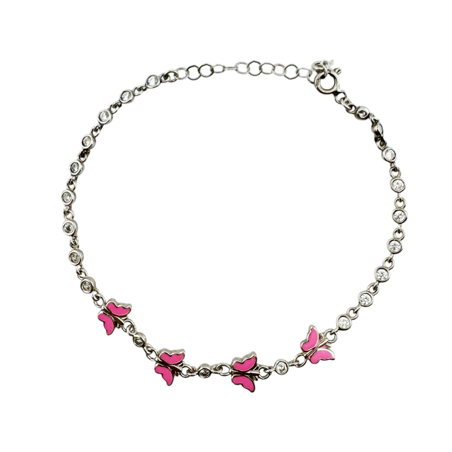 Bratara pentru Copii, Jolie, Argint 925, Model Fluture, cu Email si Zirconiu, 22 cm/4.4g Argintiu/Roz deschis