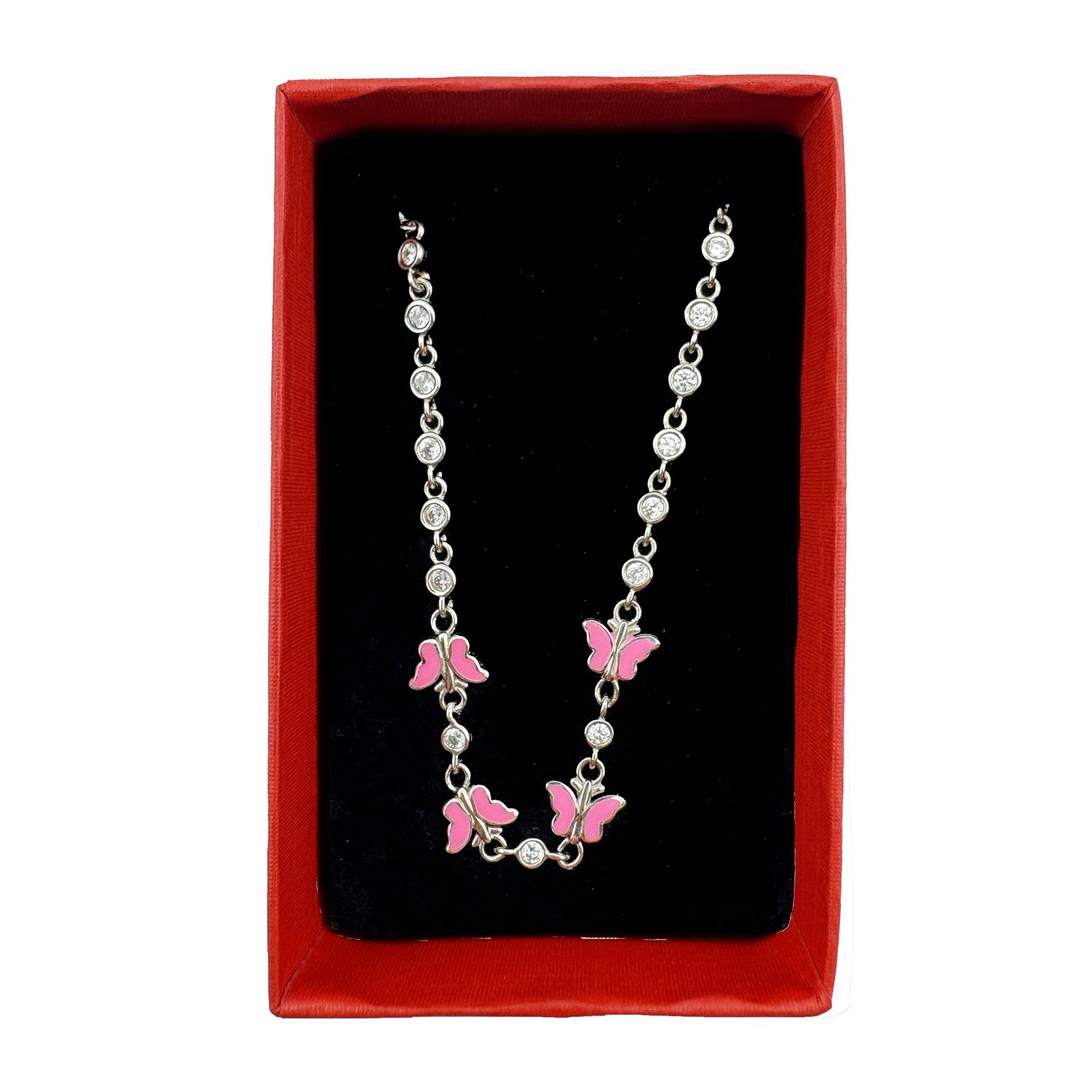 Bratara pentru Copii, Jolie, Argint 925, Model Fluture, cu Email si Zirconiu, 22 cm/4.4g Argintiu/Roz deschis