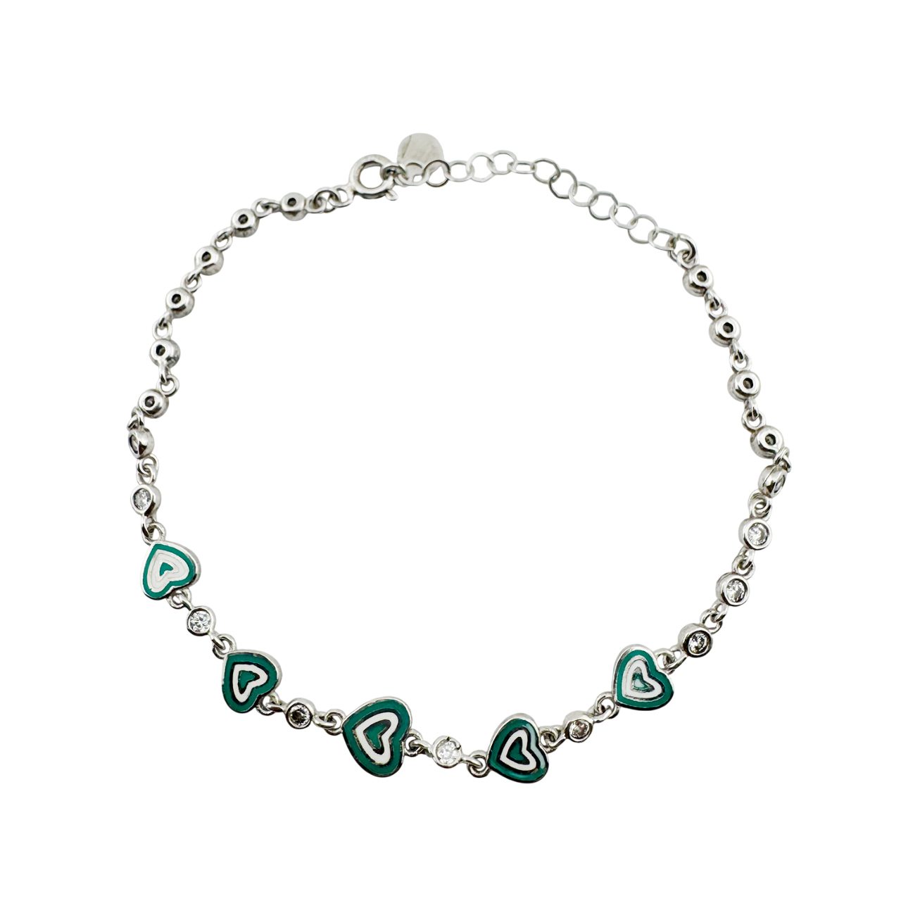 Bratara pentru Copii, Jolie, Argint 925, Model Inima, cu Email si Zirconiu, 22 cm/4.4g Argintiu/Verde