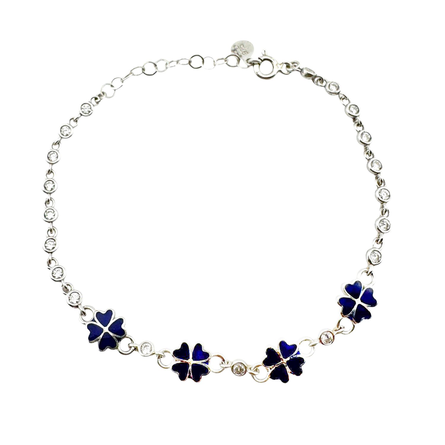 Bratara pentru Copii, Jolie, Argint 925, Model Trifoi, cu Email si Zirconiu, 22 cm/4.4g Argintiu/Albastru inchis