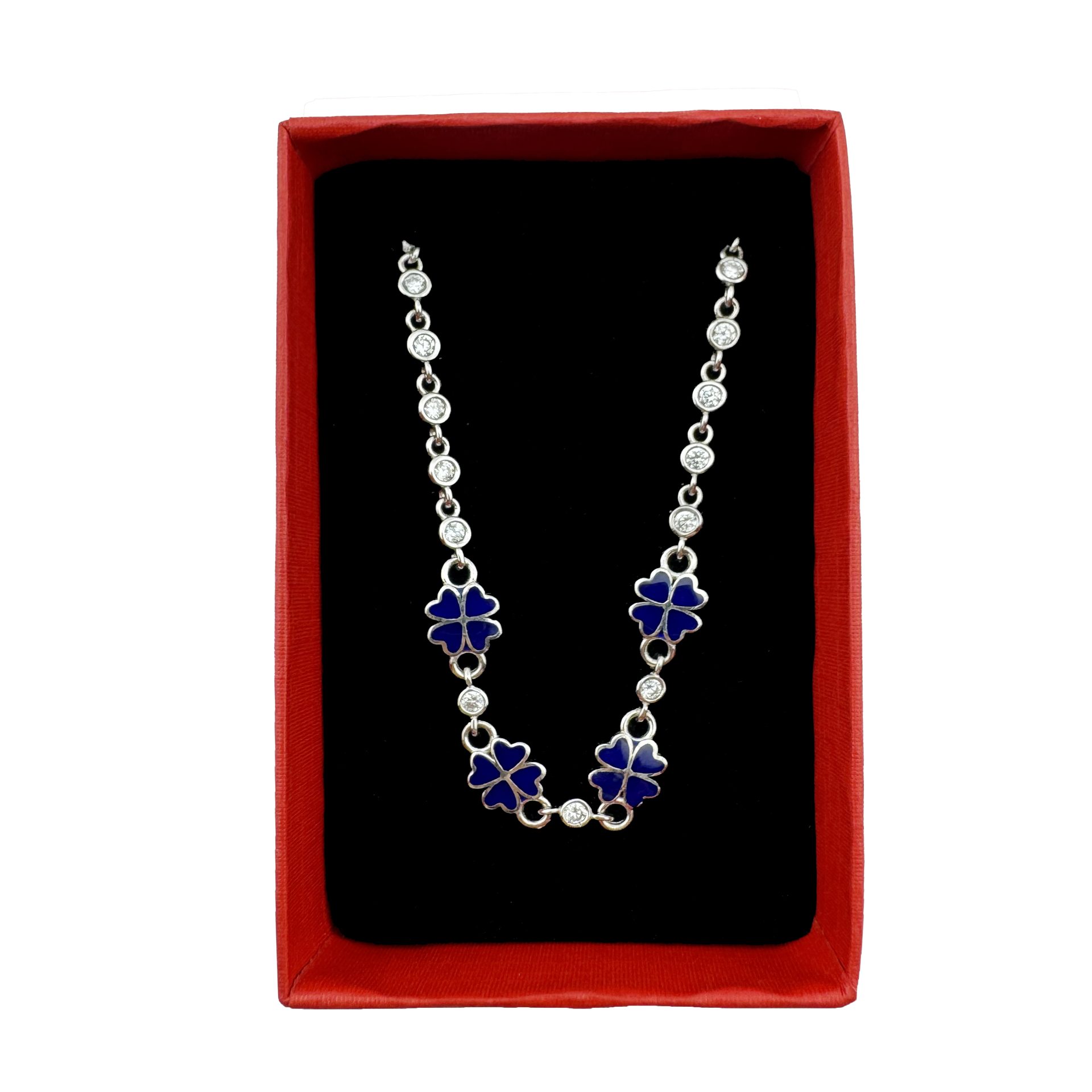 Bratara pentru Copii, Jolie, Argint 925, Model Trifoi, cu Email si Zirconiu, 22 cm/4.4g Argintiu/Albastru inchis