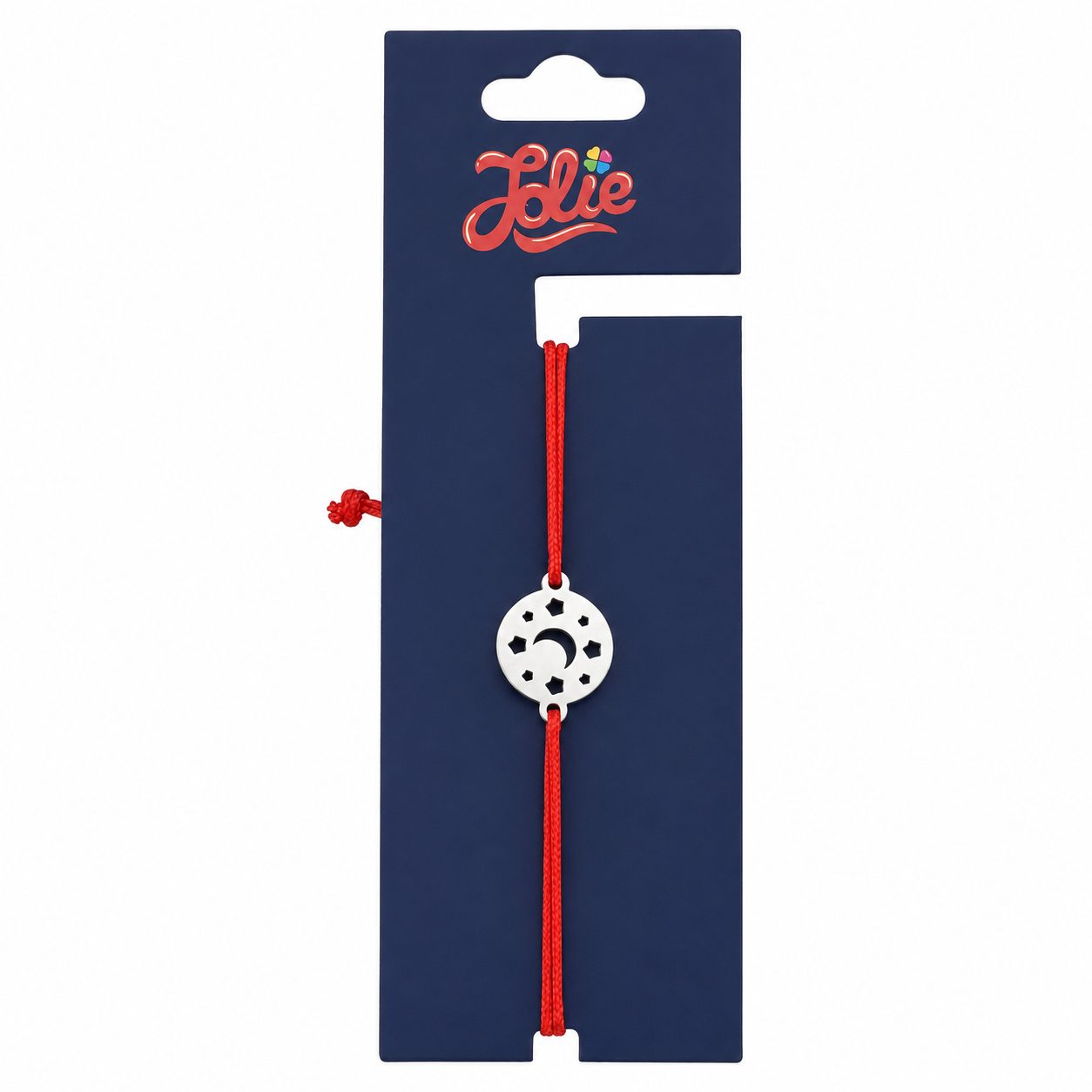 Martisor Bratara Inox pentru Copii, Jolie, Model Luna cu Stele, din Inox si Metal Inox, Snur Rosu, Argintiu - Imagine