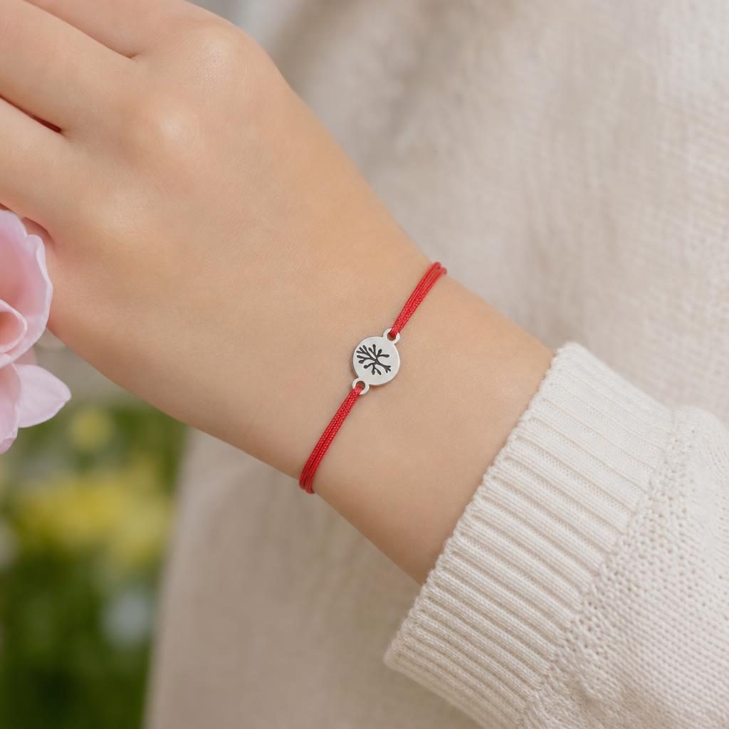 Martisor Bratara din Inox pentru Copii, Jolie, Textil si Inox, Snur Rosu, Model Banut, Argintiu