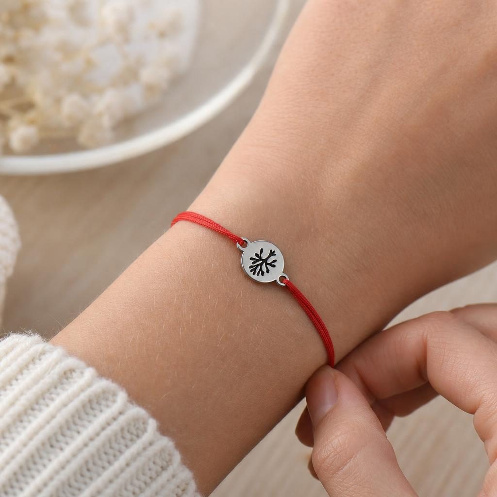 Martisor Bratara din Inox pentru Copii, Jolie, Textil si Inox, Snur Rosu, Model Banut, Argintiu