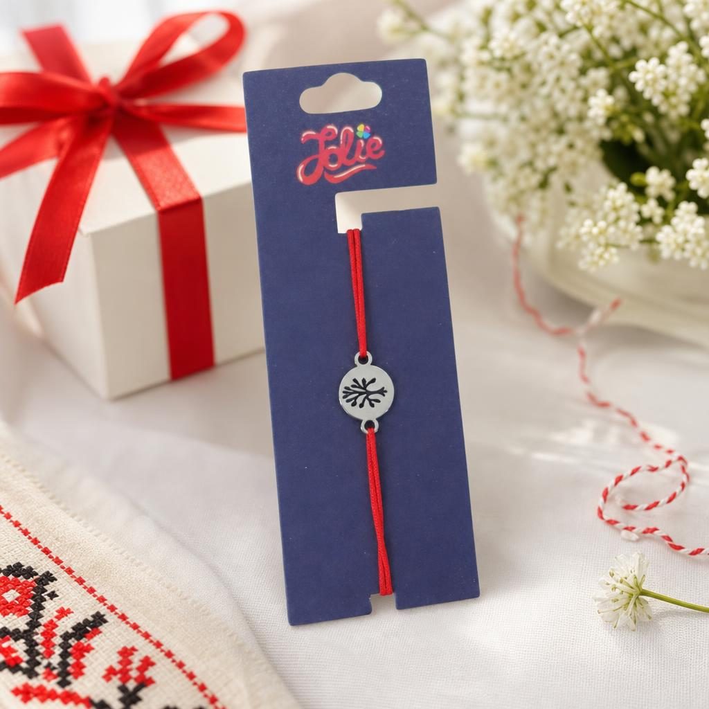 Martisor Bratara din Inox pentru Copii, Jolie, Textil si Inox, Snur Rosu, Model Banut, Argintiu