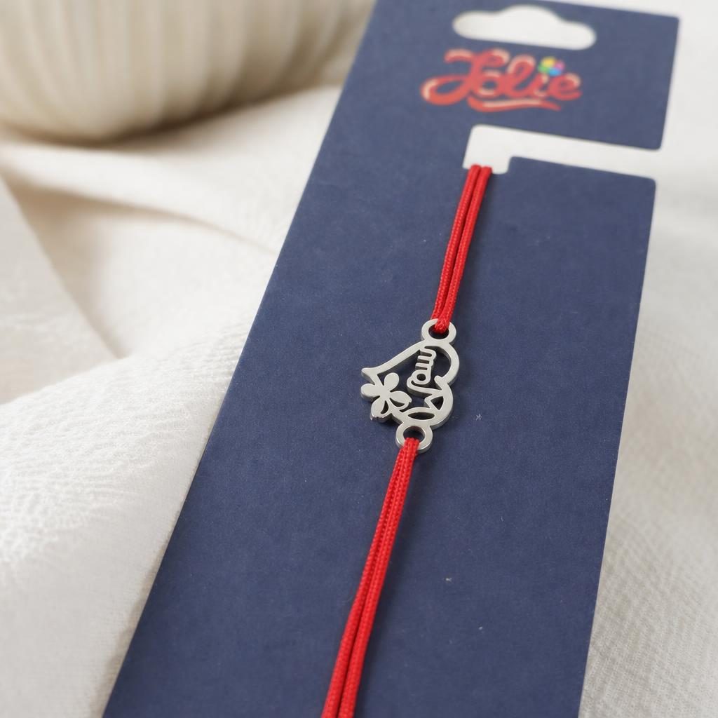 Martisor Bratara din Inox pentru Copii, Jolie, Textil si Inox, Snur Rosu, Model Inima Mama, Argintiu