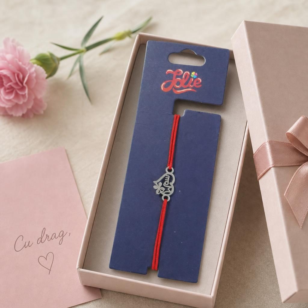 Martisor Bratara din Inox pentru Copii, Jolie, Textil si Inox, Snur Rosu, Model Inima Mama, Argintiu