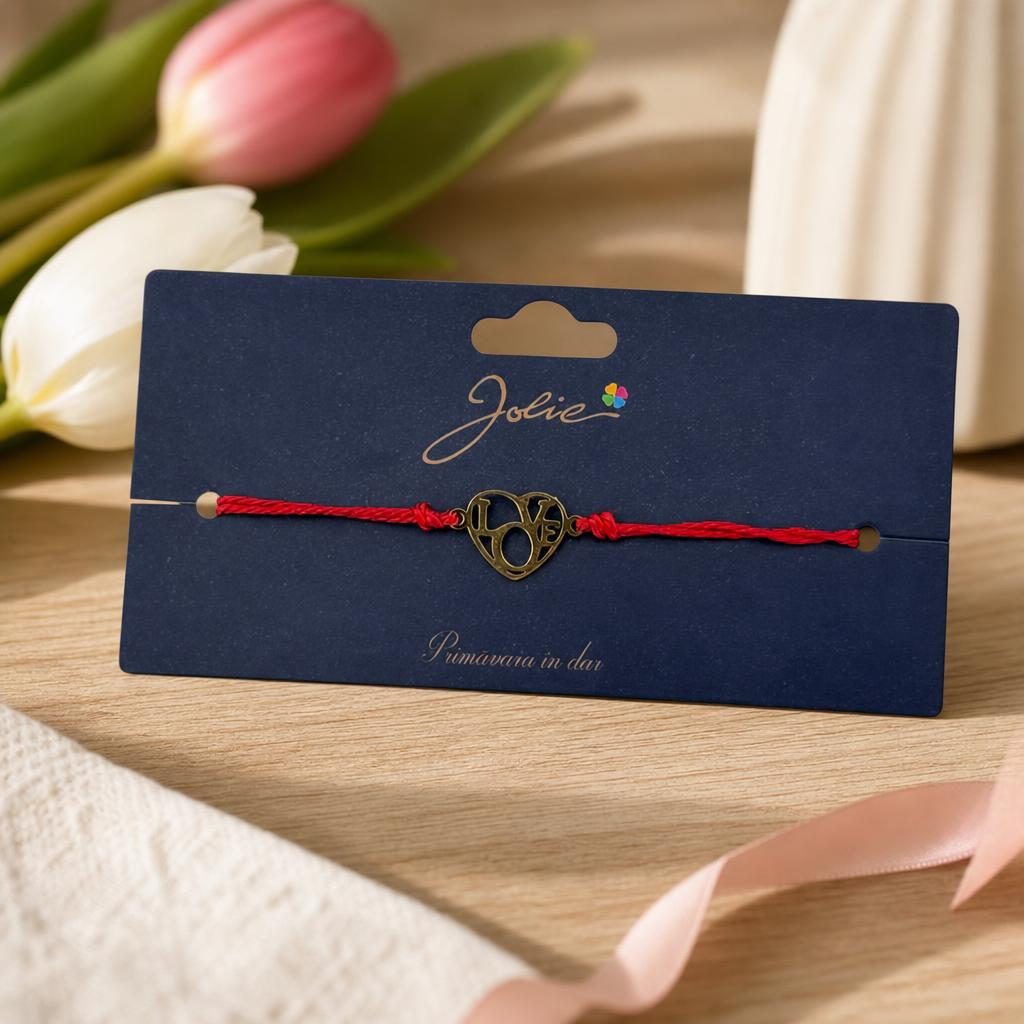 Martisor Bratara Primavara, Textil si Inox, Jolie, Snur Rosu, Model Inima Love, Auriu