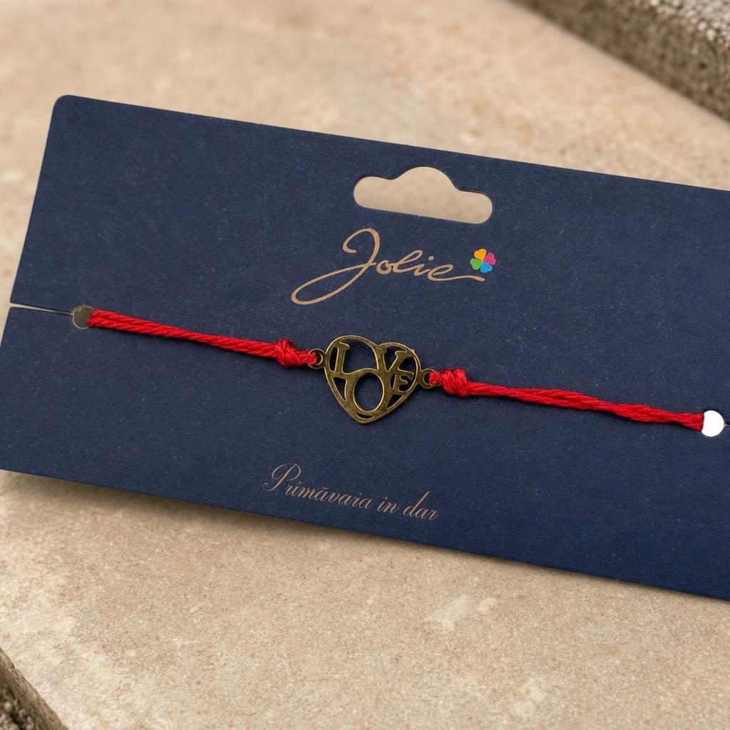 Martisor Bratara Primavara, Textil si Inox, Jolie, Snur Rosu, Model Inima Love, Auriu