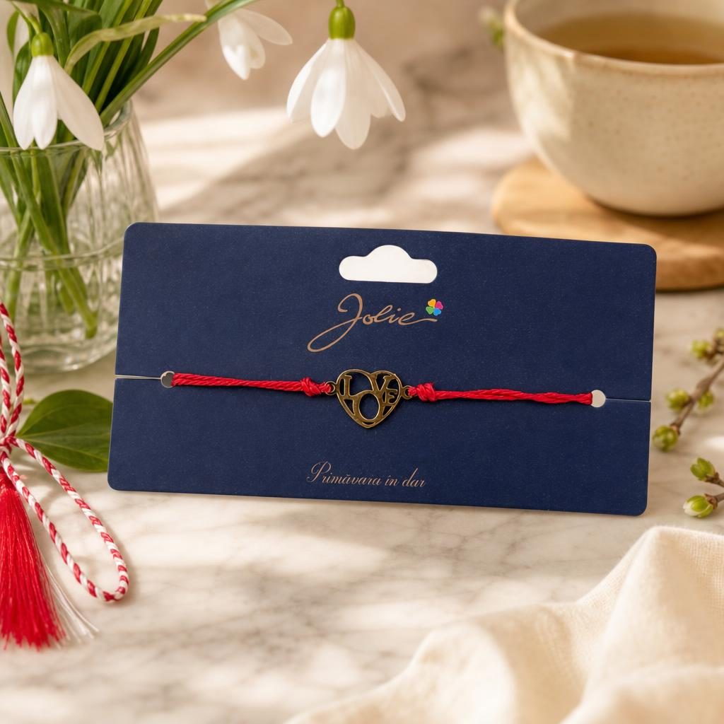 Martisor Bratara Primavara, Textil si Inox, Jolie, Snur Rosu, Model Inima Love, Auriu