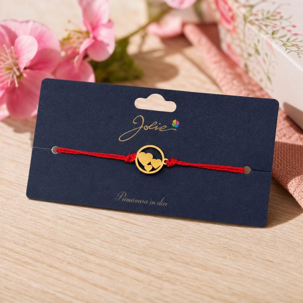 Martisor Bratara Primavara, Textil si Inox, Jolie, Snur Rosu, Model Trei Inimi, Auriu