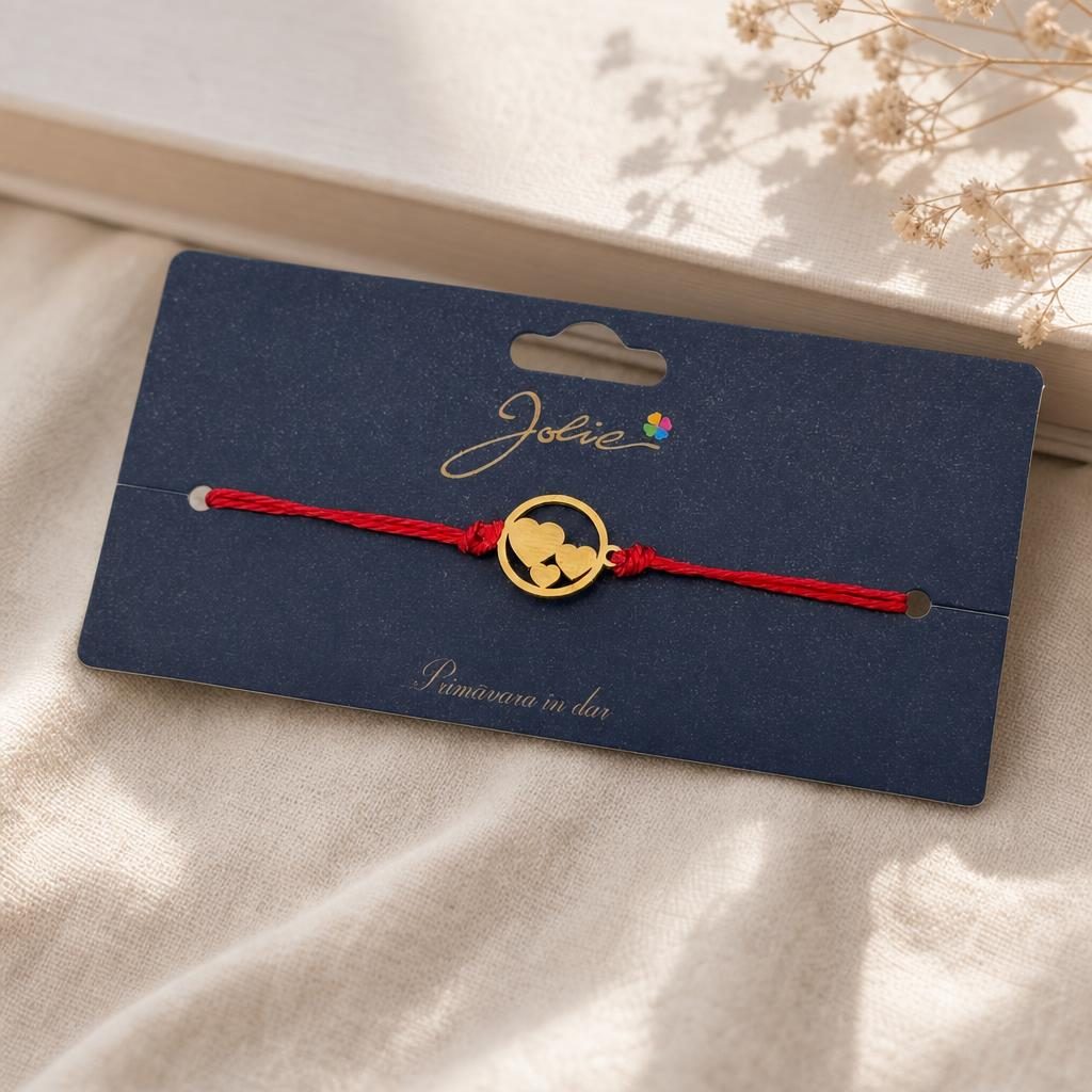Martisor Bratara Primavara, Textil si Inox, Jolie, Snur Rosu, Model Trei Inimi, Auriu