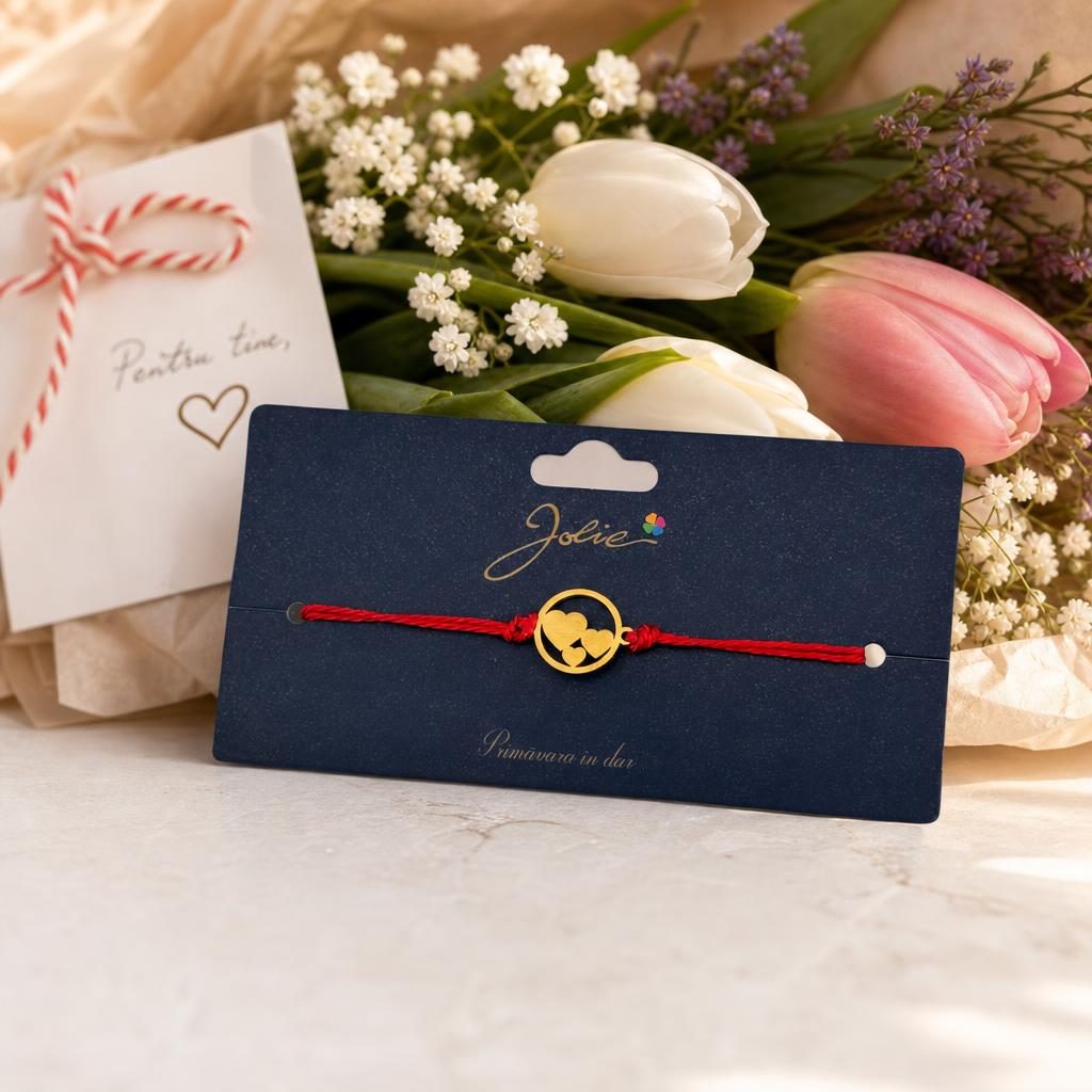 Martisor Bratara Primavara, Textil si Inox, Jolie, Snur Rosu, Model Trei Inimi, Auriu