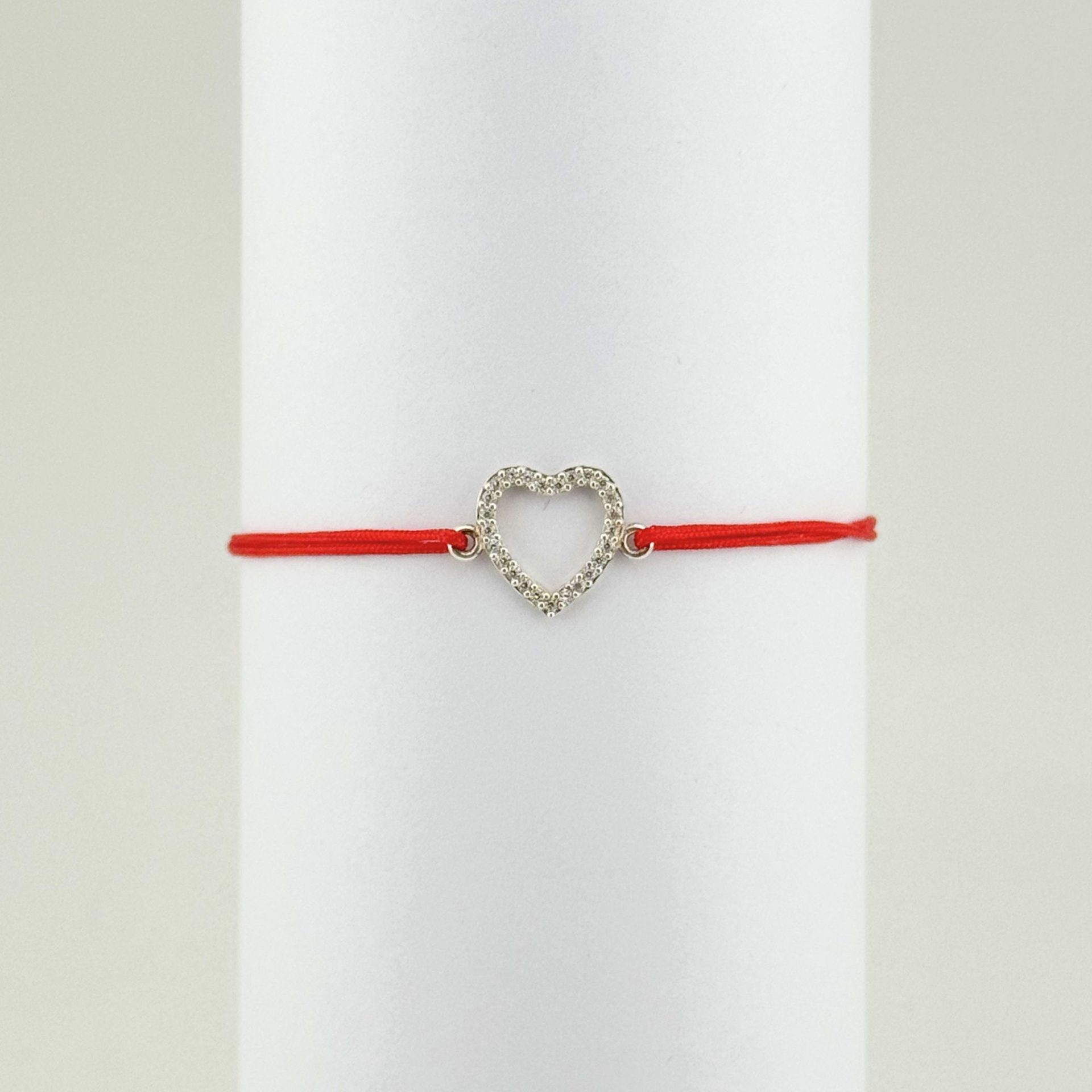 Bratara Snur Reglabil, Jolie Silver, pentru Dama, Pandantiv din Argint 925, Model Inima Contur cu Pietre Mici din Zirconii, 1 x 1 cm, Argintiu/Rosu