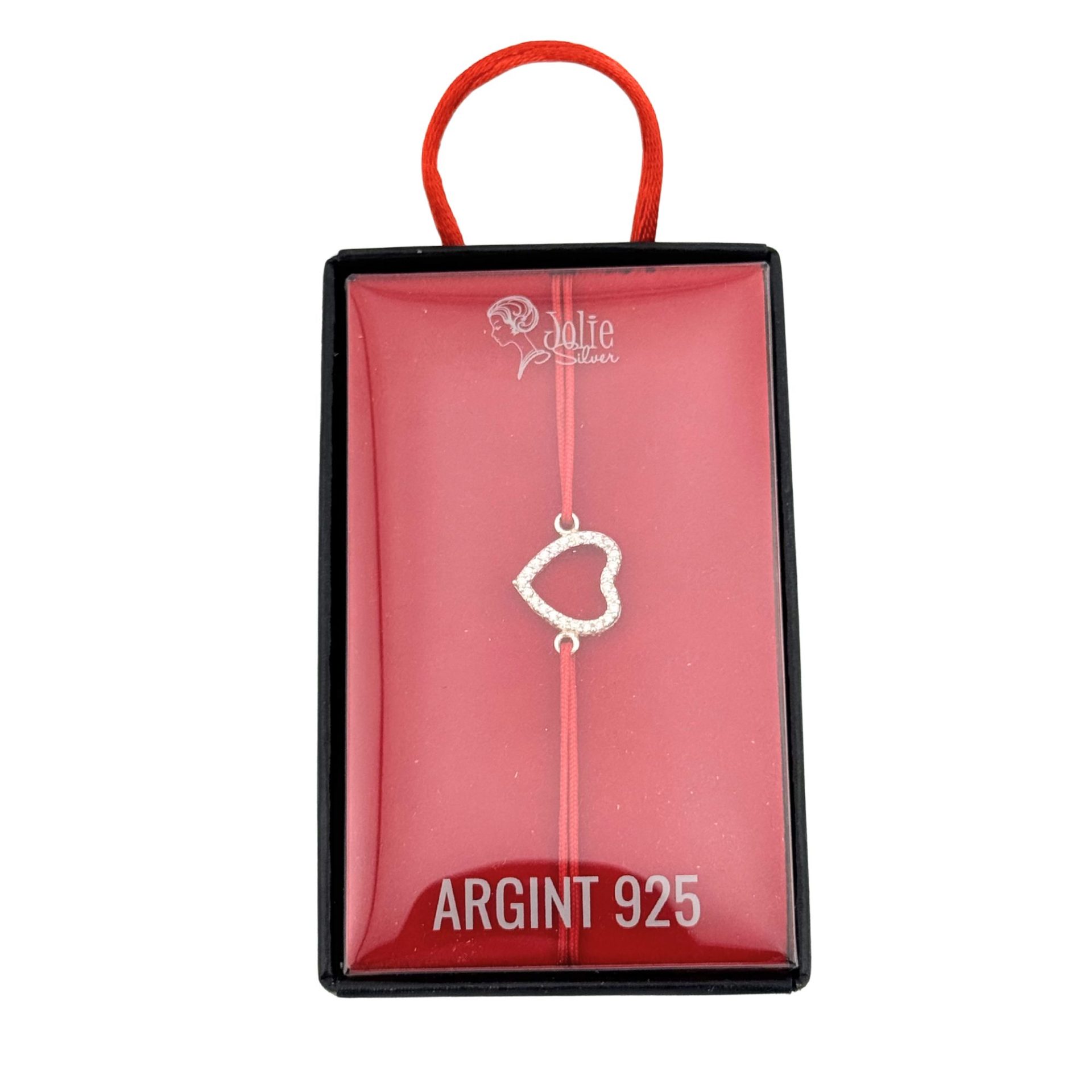 Bratara Snur Reglabil, Jolie Silver, pentru Dama, Pandantiv din Argint 925, Model Inima Contur cu Pietre Mici din Zirconii, 1 x 1 cm, Argintiu/Rosu