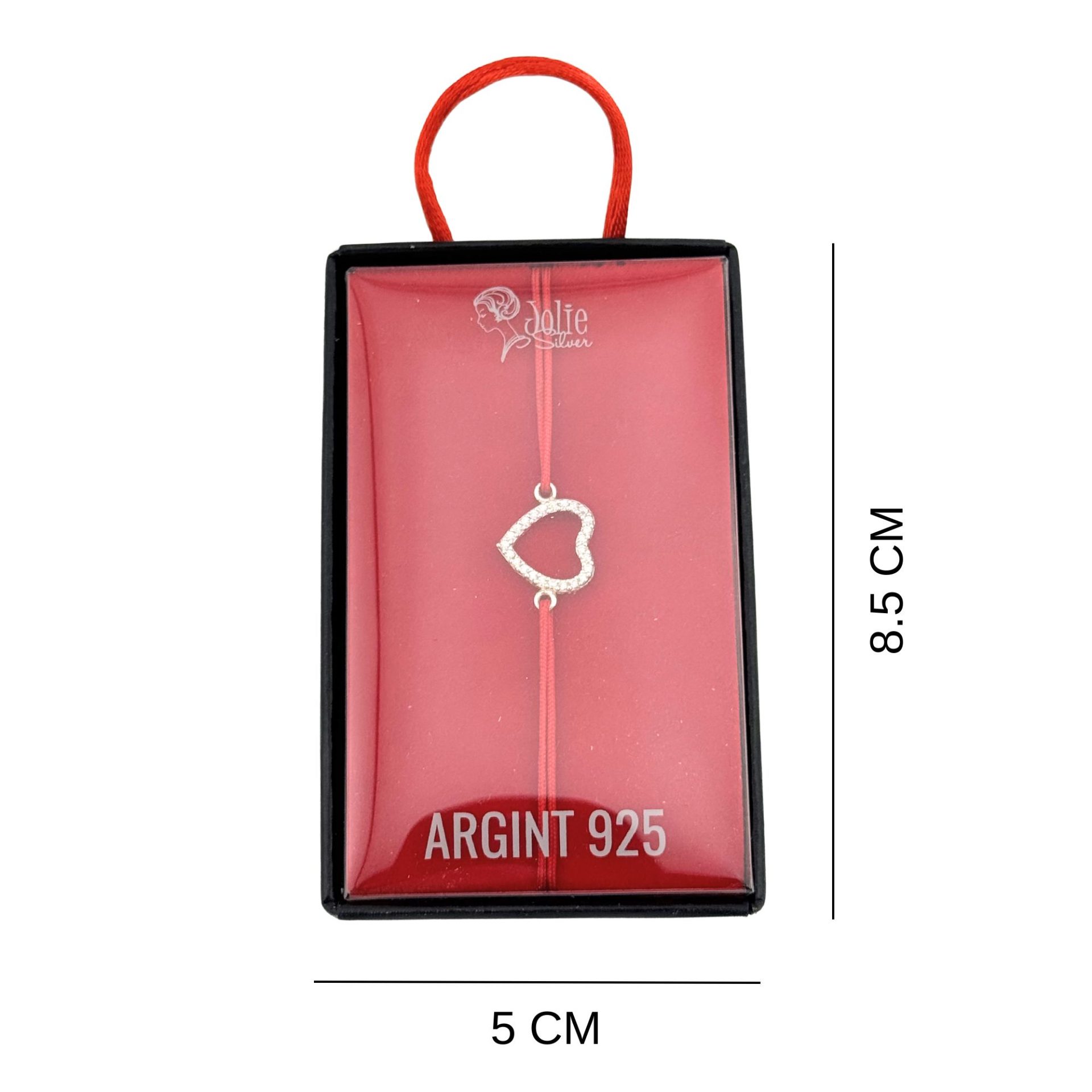 Bratara Snur Reglabil, Jolie Silver, pentru Dama, Pandantiv din Argint 925, Model Inima Contur cu Pietre Mici din Zirconii, 1 x 1 cm, Argintiu/Rosu