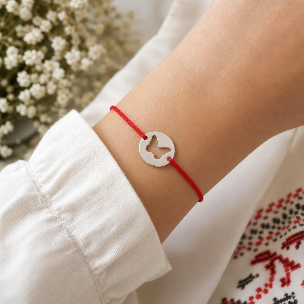 Detaliu martisor fluture argint bratara cu snur rosu