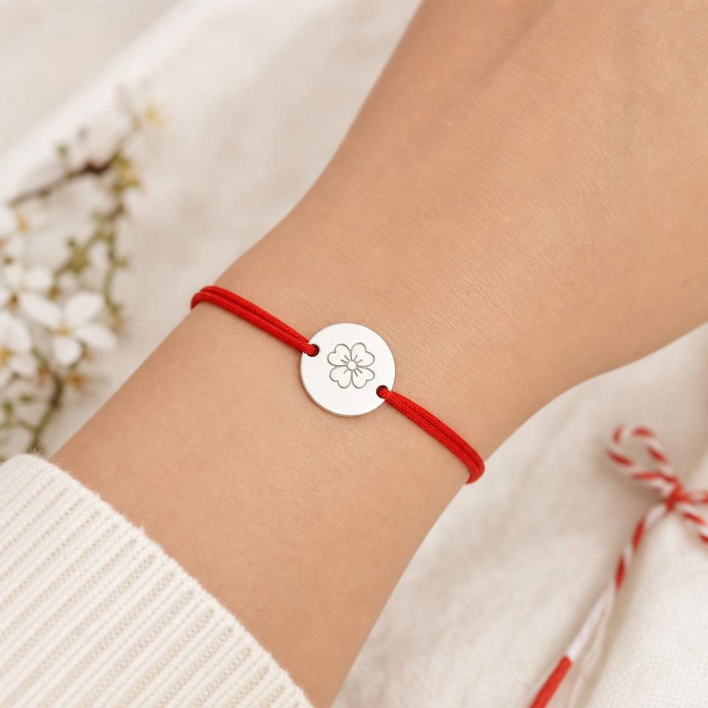 Detaliu bratara martisor cu snur rosu