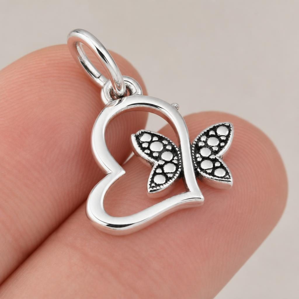 Talisman pentru Brățară din Argint 925, Jolie Silver, Model Inimă cu Fluture, Design Decupat, Finisaj Lucios și Oxidat, Argintiu 3