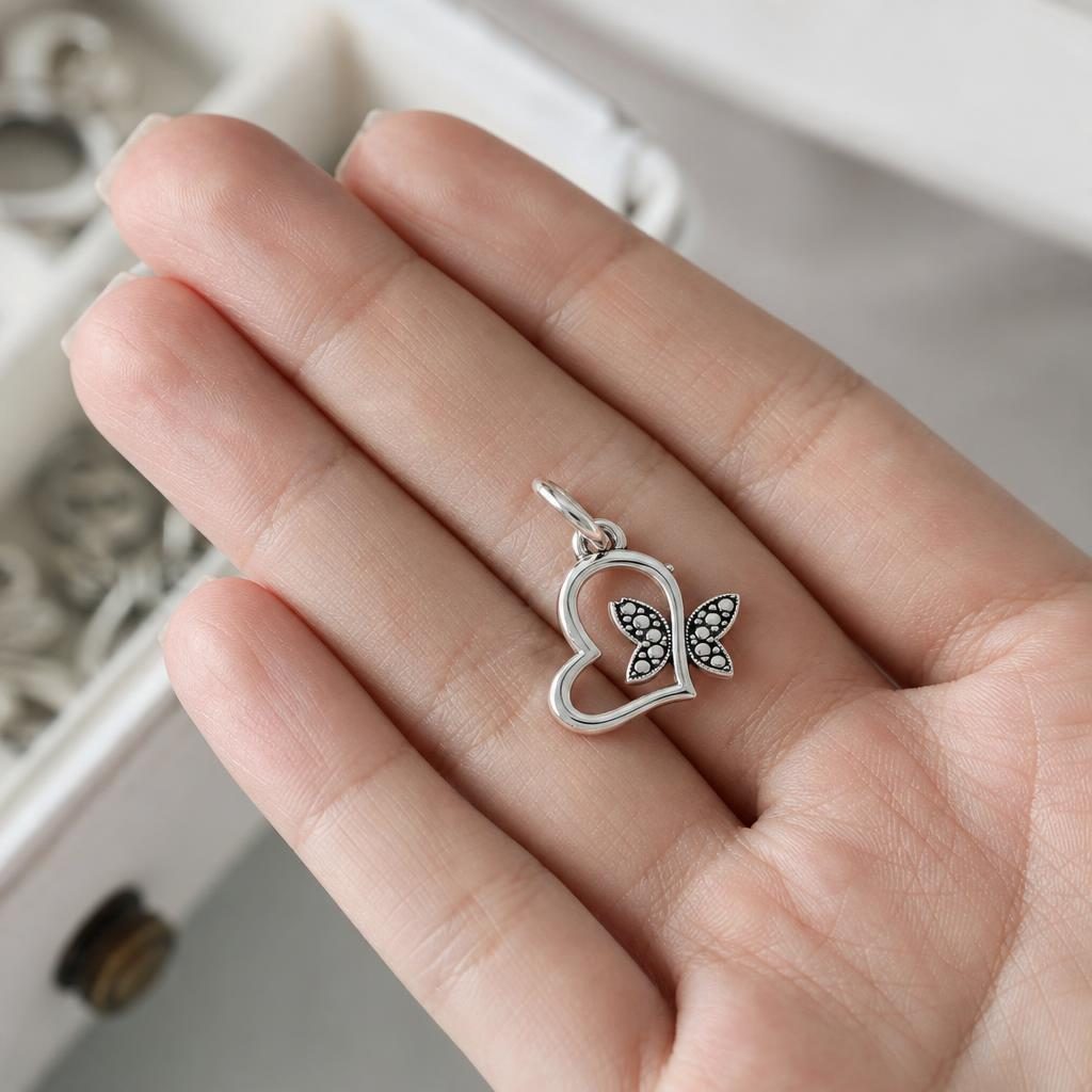 Talisman pentru Brățară din Argint 925, Jolie Silver, Model Inimă cu Fluture, Design Decupat, Finisaj Lucios și Oxidat, Argintiu 4