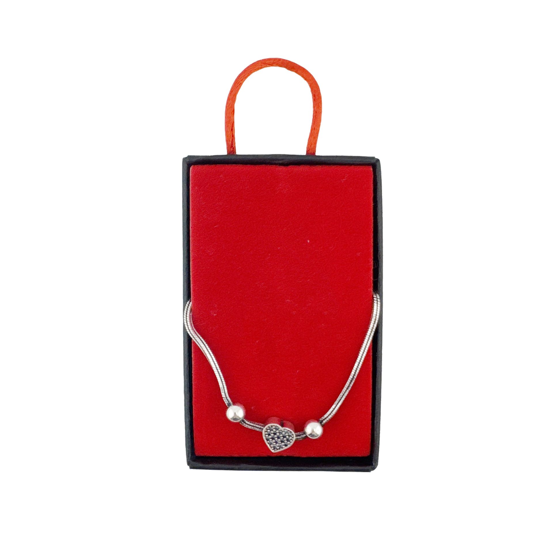 Bratara din Argint 925, pentru Dama, Jolie Silver, Model Snake cu Charm Inima si Cristale Negre, 4.86 g, Lungime Reglabila, Argintiu