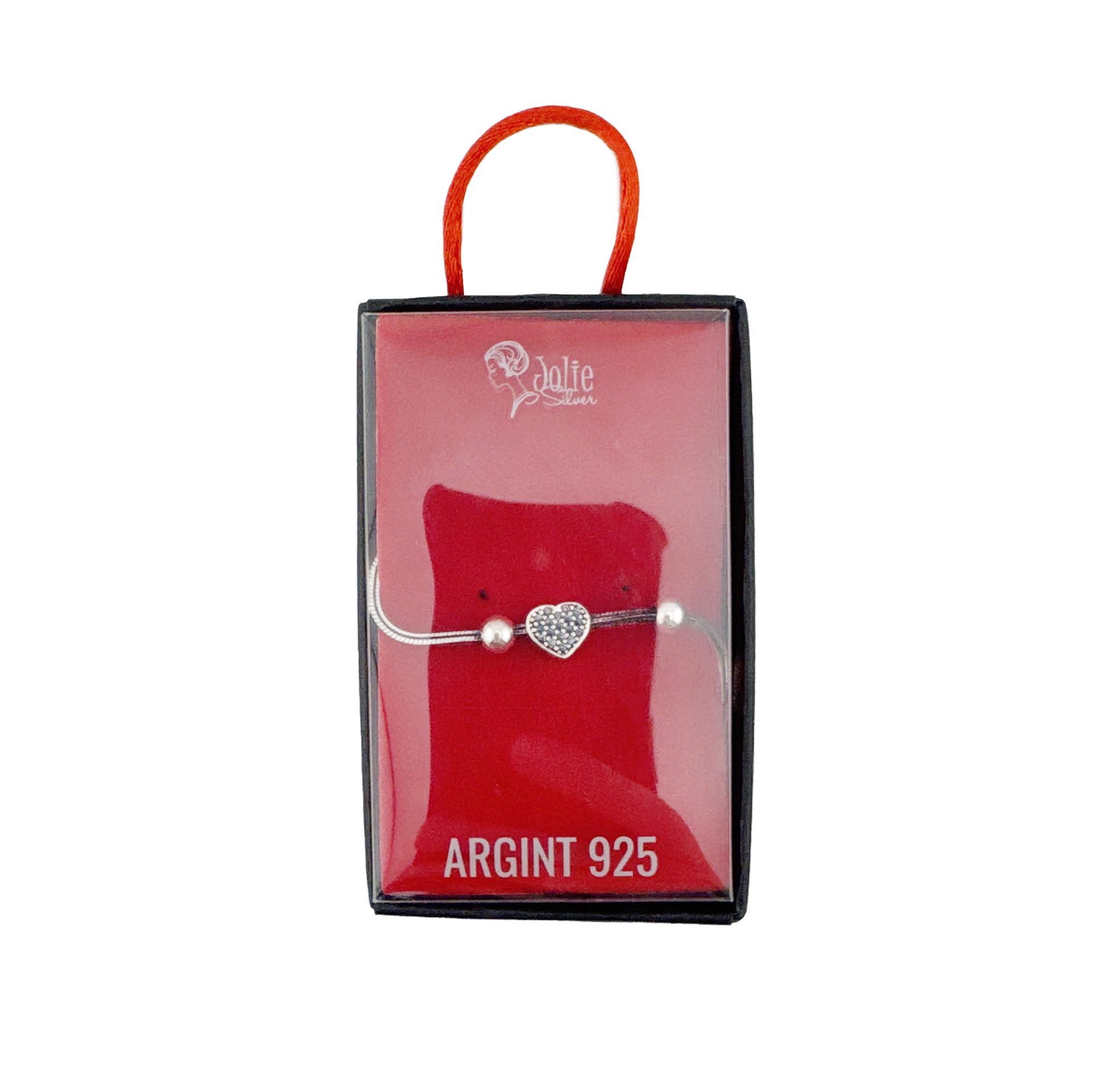 Bratara din Argint 925, pentru Dama, Jolie Silver, Model Snake cu Charm Inima si Cristale Negre, 4.86 g, Lungime Reglabila, Argintiu