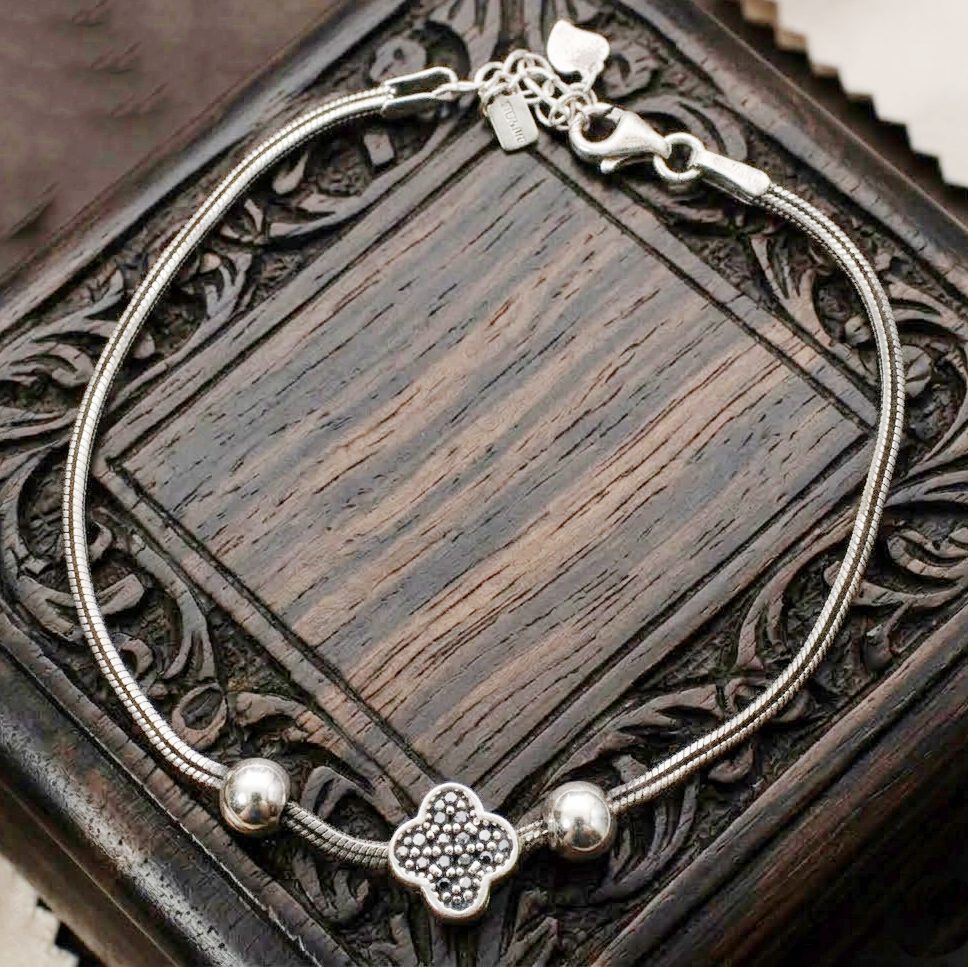 Bratara din Argint 925, pentru Dama, Jolie Silver, Model Snake cu Charm Trifoi, 5.12 g, Lungime Reglabila, Argintiu