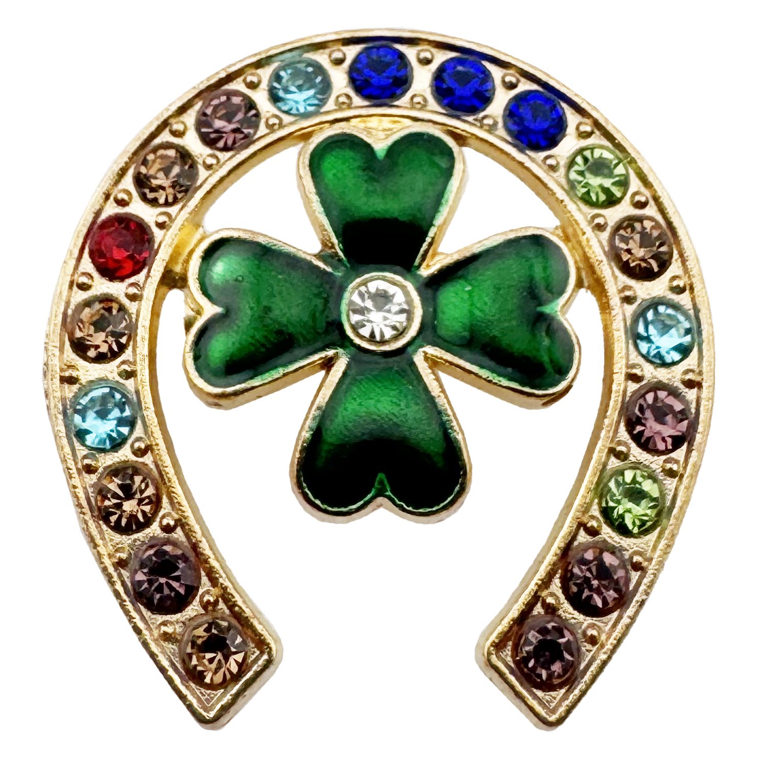 Set 100 Brose cu Pietre, Flippy, Model Potcoava cu Trifoi, 3 x 2.5 cm per unitate, Auriu/Multicolor