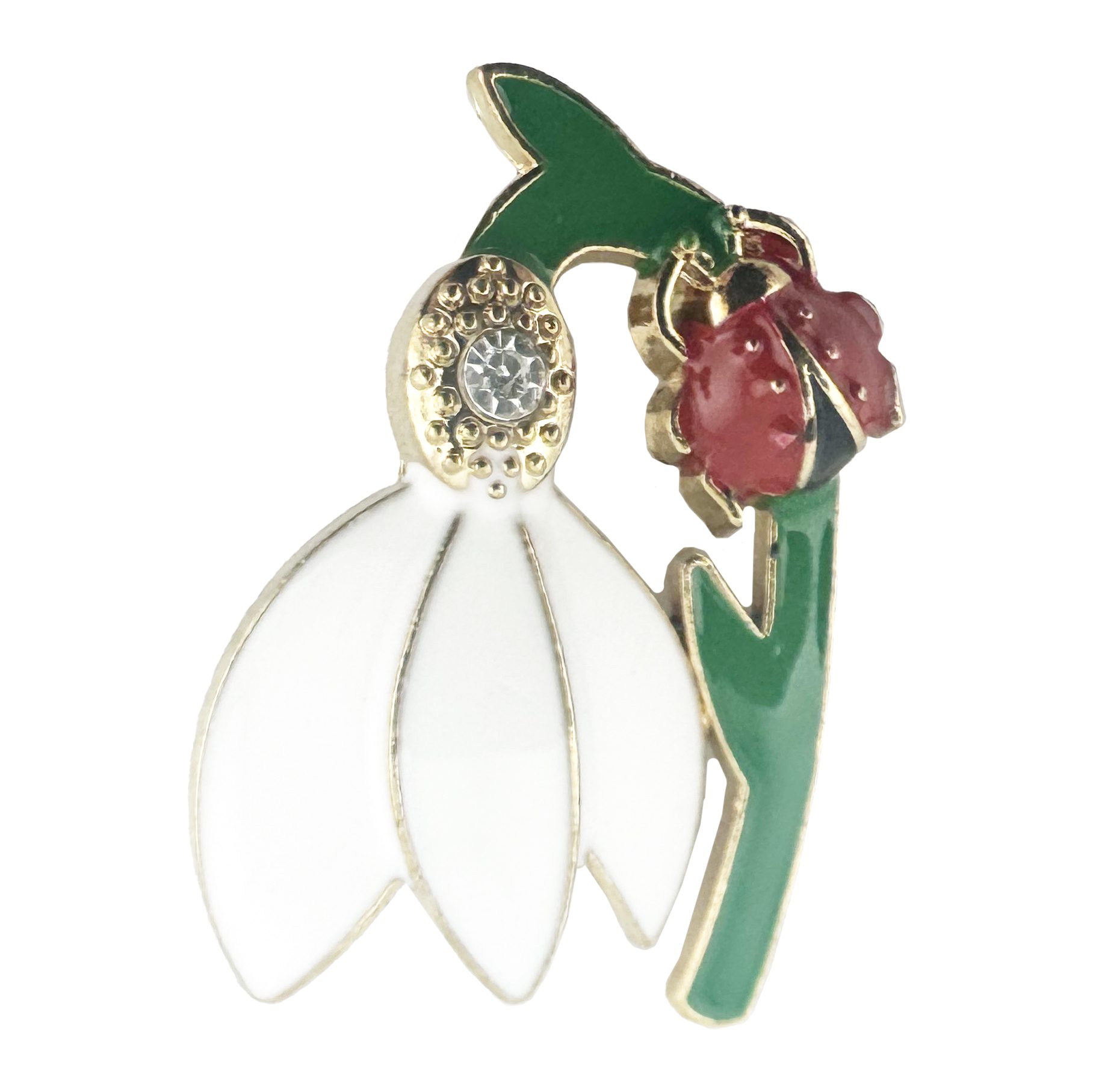 Set 100 Brose cu Pietre, Flippy, Model Ghiocel cu Buburuza, 2.2 x 3.5 cm per unitate, Auriu/Alb