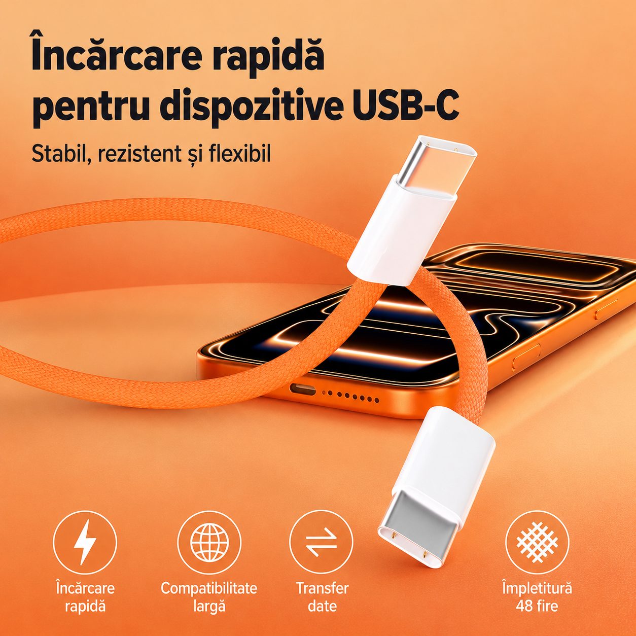 Cablu de Date si Incarcare USB-C la USB-C, , 60W, Compatibil iPhone 17 si Huawei, Nylon Impletit, 1 m, Portocaliu 4