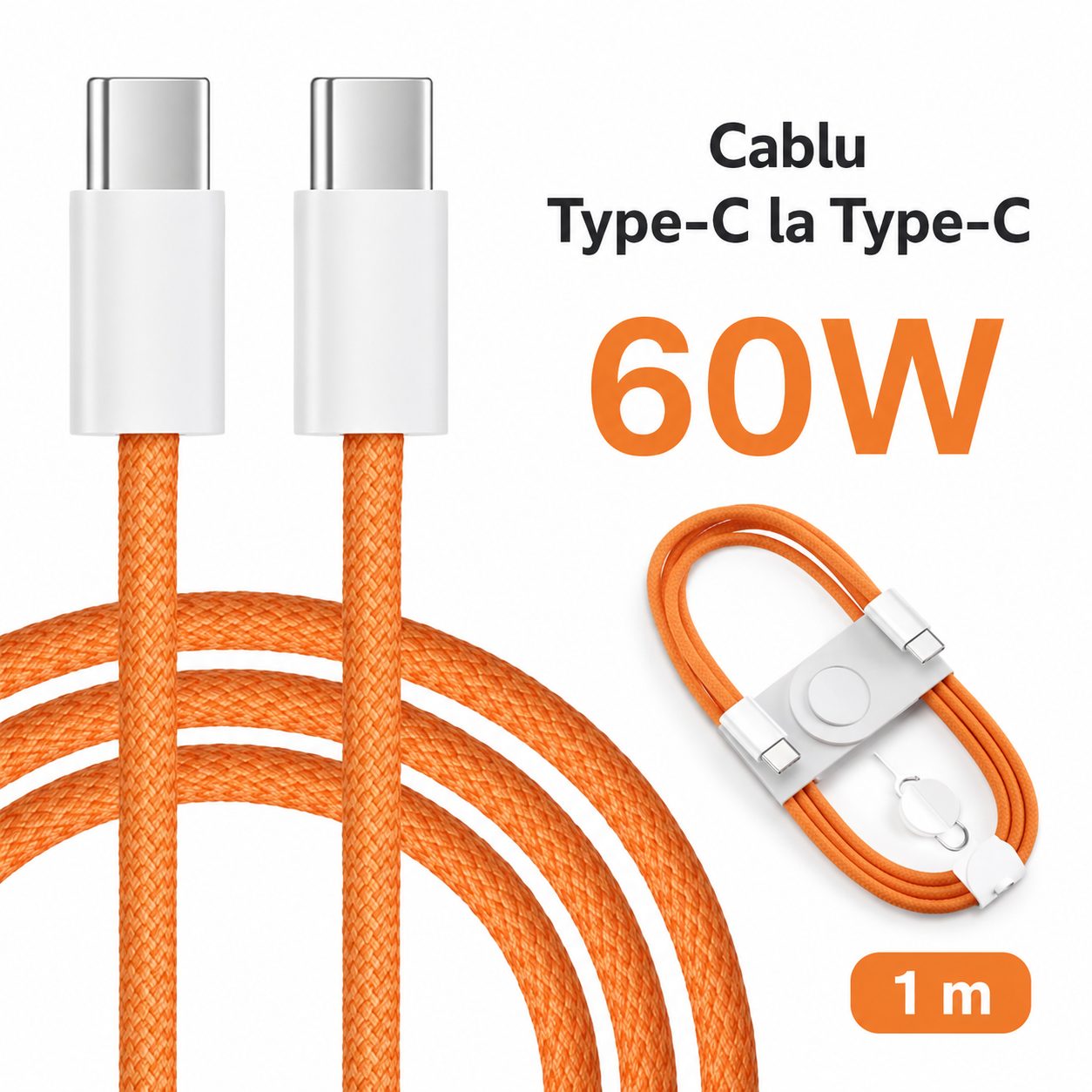 Cablu de Date si Incarcare USB-C la USB-C, , 60W, Compatibil iPhone 17 si Huawei, Nylon Impletit, 1 m, Portocaliu 2