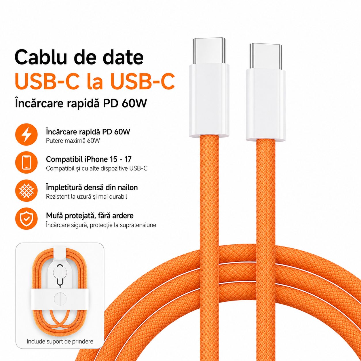 Cablu de Date si Incarcare USB-C la USB-C, , 60W, Compatibil iPhone 17 si Huawei, Nylon Impletit, 2 m, Portocaliu 2