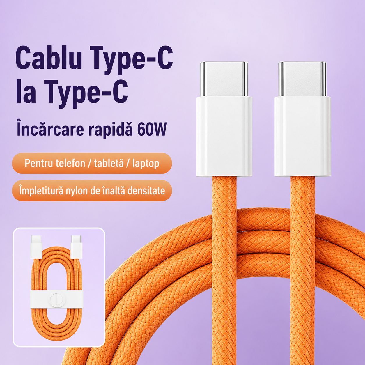 Cablu de Date si Incarcare USB-C la USB-C, , 60W, Compatibil iPhone 17 si Huawei, Nylon Impletit, 2 m, Portocaliu 3