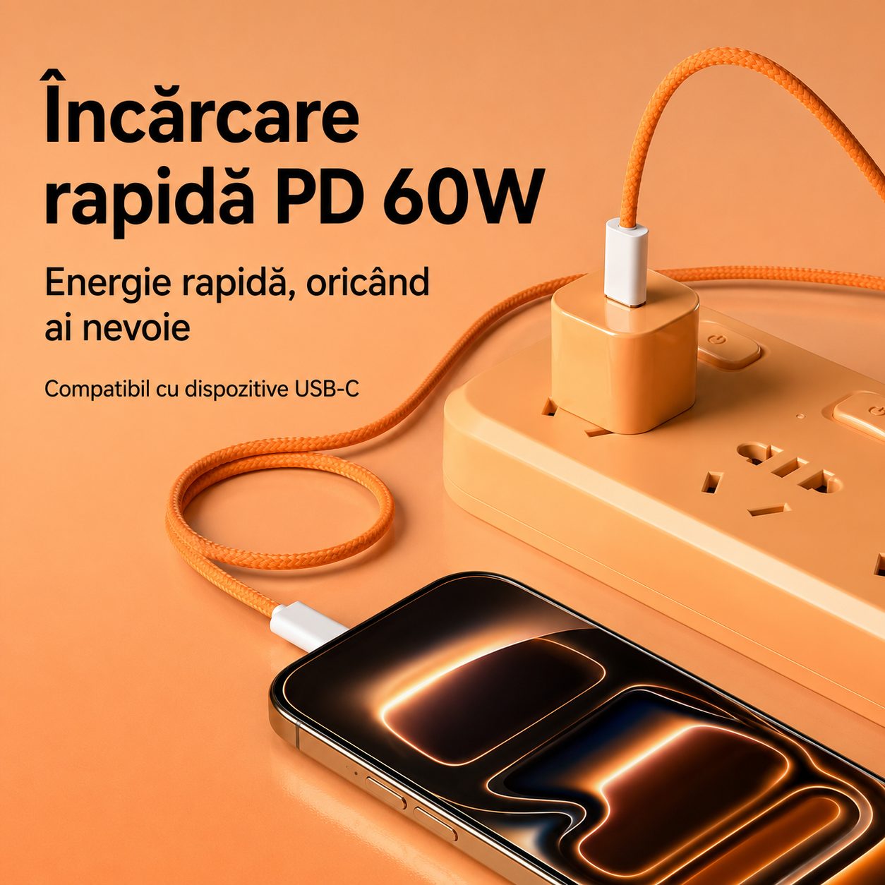 Cablu de Date si Incarcare USB-C la USB-C, , 60W, Compatibil iPhone 17 si Huawei, Nylon Impletit, 1.5 m, Portocaliu 4