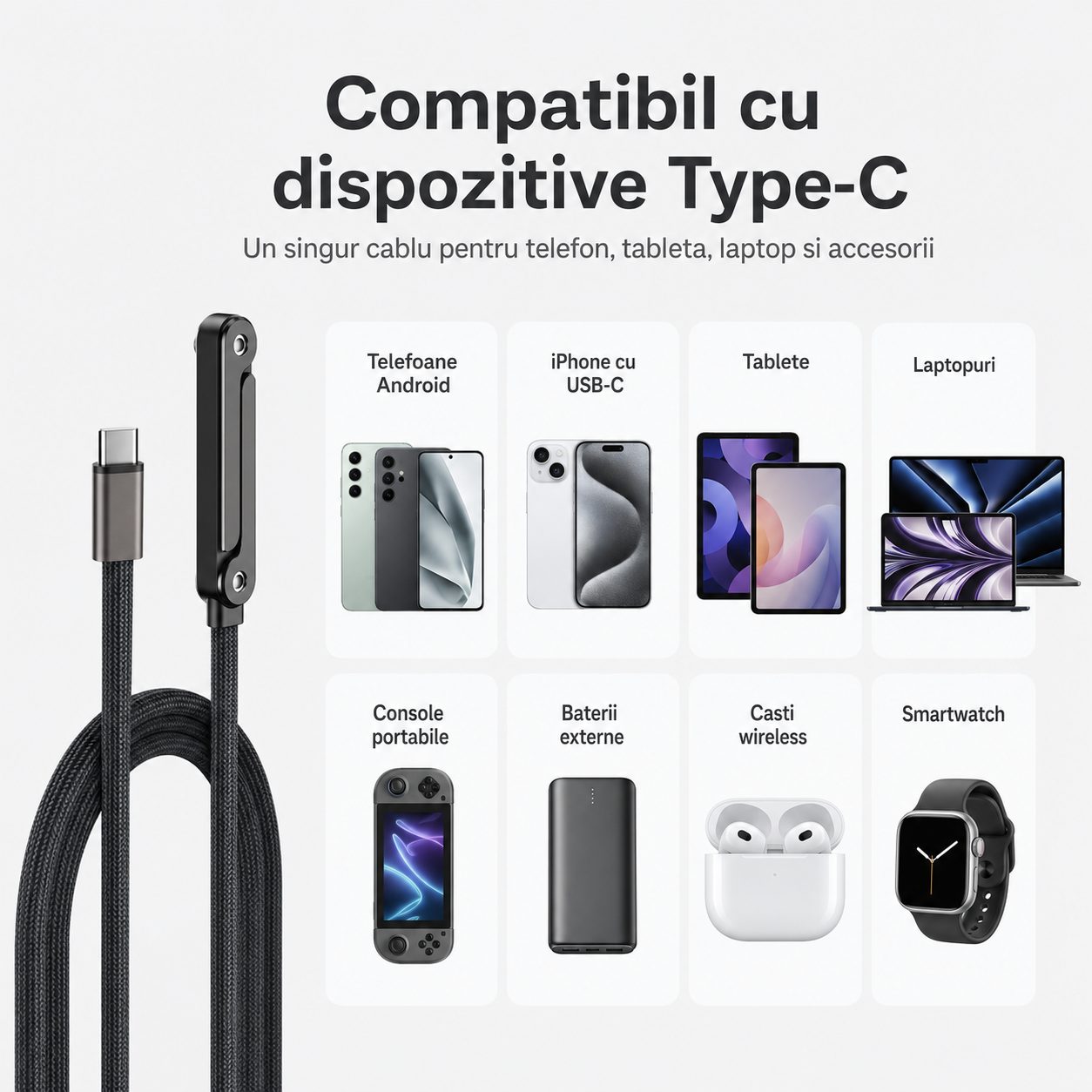 Cablu de Incarcare si Date USB-C la USB-C, , 240W, Impletit, Pliabil, cu Suport, pentru Gaming, Aliaj de Zinc, Incarcare Rapida, Compatibil Telefoane si Tablete, 1.5 m, Negru 2