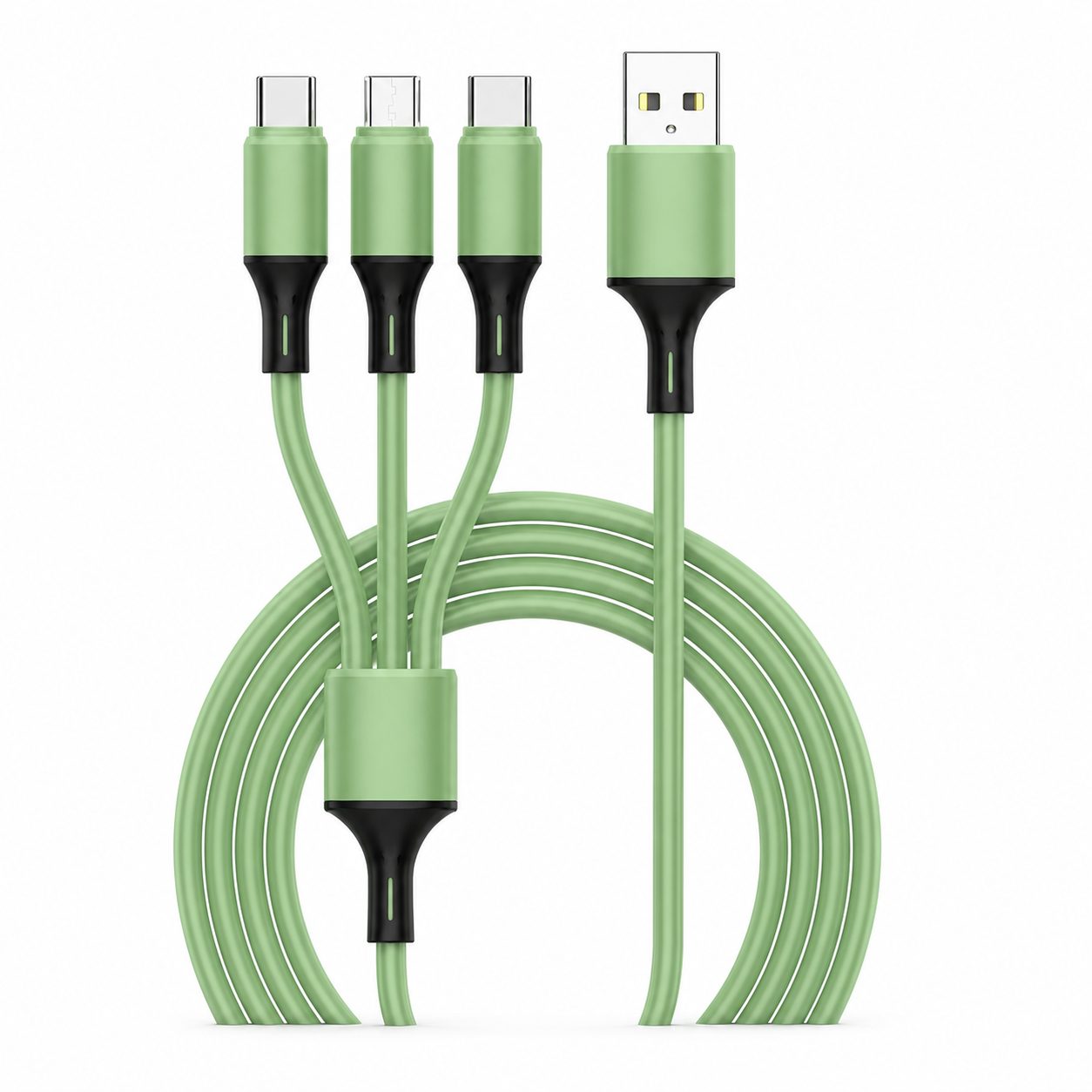 Cablu de Date si Incarcare 3 in 1, , 3A, Silicon Lichid, Type-C, Lightning, Micro USB, 1.2 m, Verde 1