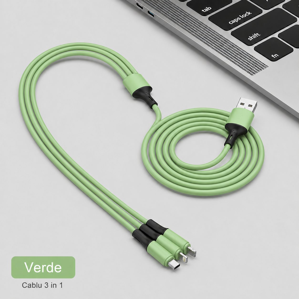 Cablu de Date si Incarcare 3 in 1, , 3A, Silicon Lichid, Type-C, Lightning, Micro USB, 1.2 m, Verde 4