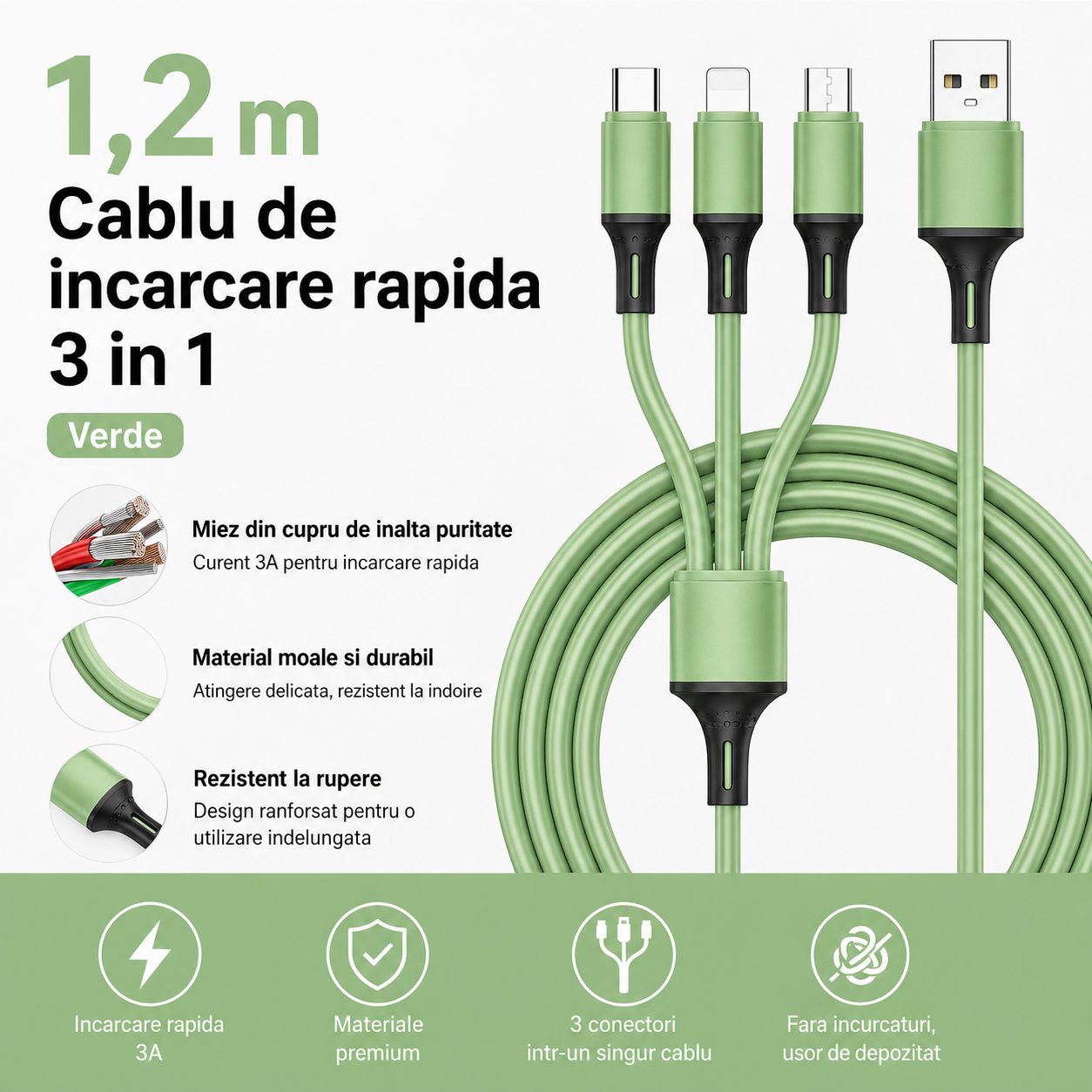 Cablu de Date si Incarcare 3 in 1, , 3A, Silicon Lichid, Type-C, Lightning, Micro USB, 1.2 m, Verde 2