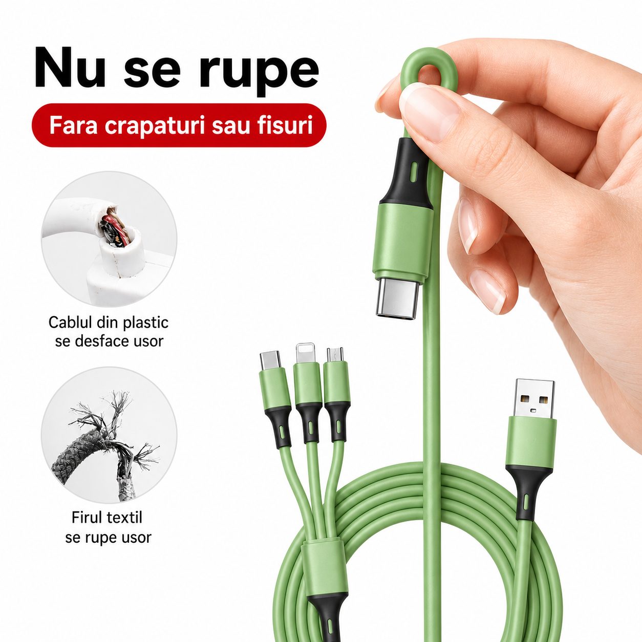 Cablu de Date si Incarcare 3 in 1, , 3A, Silicon Lichid, Type-C, Lightning, Micro USB, 1.2 m, Verde 3