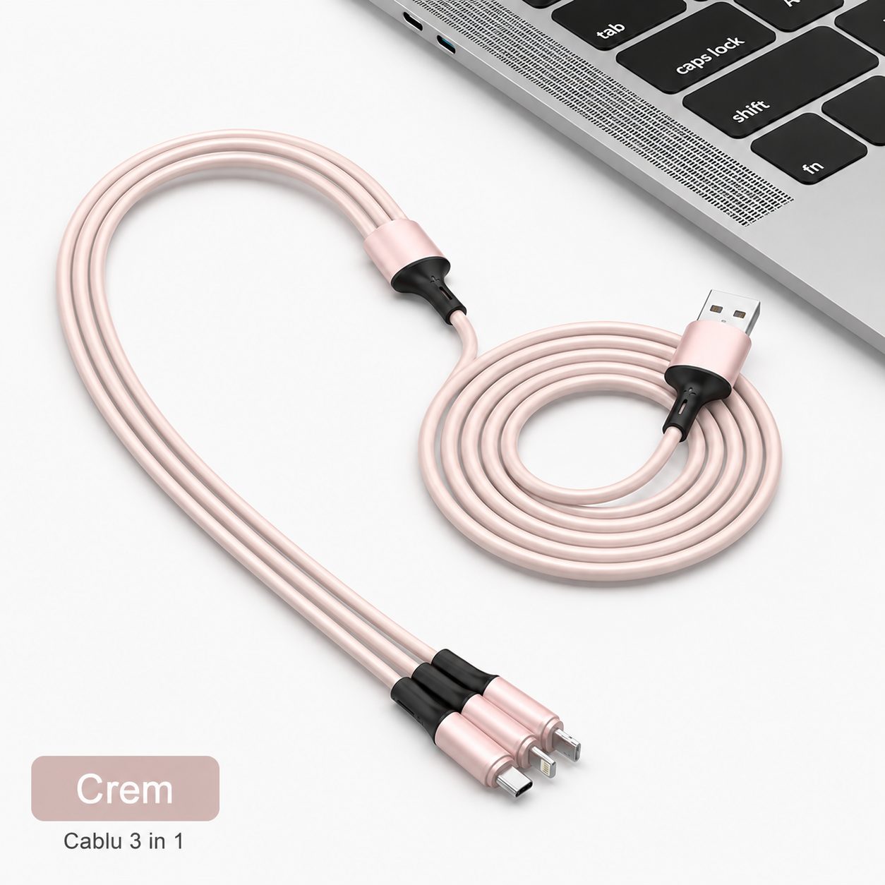 Cablu de Date si Incarcare 3 in 1, , 3A, Silicon Lichid, Type-C, Lightning, Micro USB, 1.2 m, Crem 3