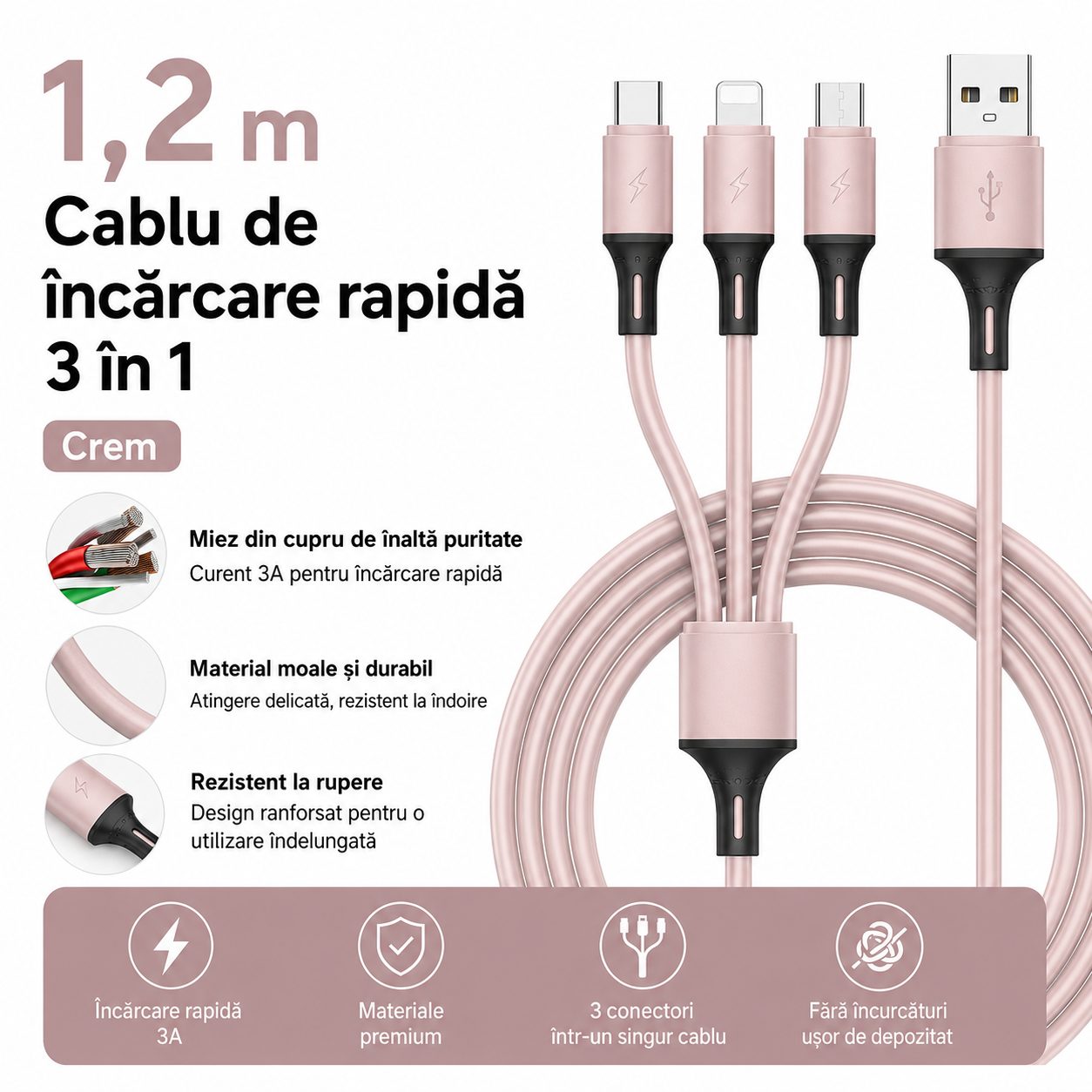 Cablu de Date si Incarcare 3 in 1, , 3A, Silicon Lichid, Type-C, Lightning, Micro USB, 1.2 m, Crem 2