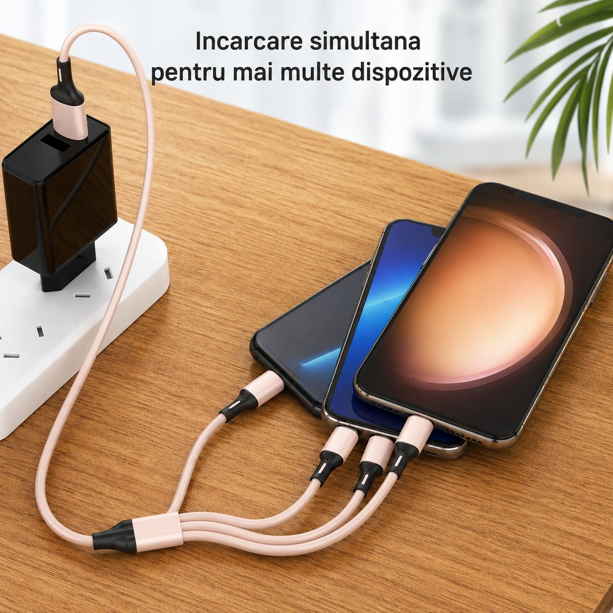 Cablu de Date si Incarcare 3 in 1, , 3A, Silicon Lichid, Type-C, Lightning, Micro USB, 1.2 m, Crem 4