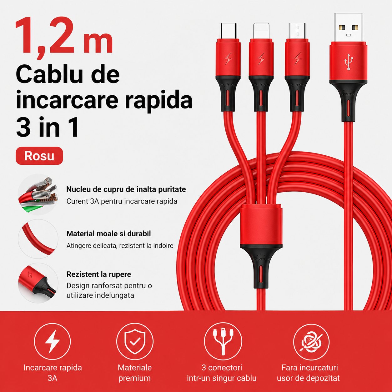 Cablu de Date si Incarcare 3 in 1, , 3A, Silicon Lichid, Type-C, Lightning, Micro USB, 1.2 m, Rosu 3